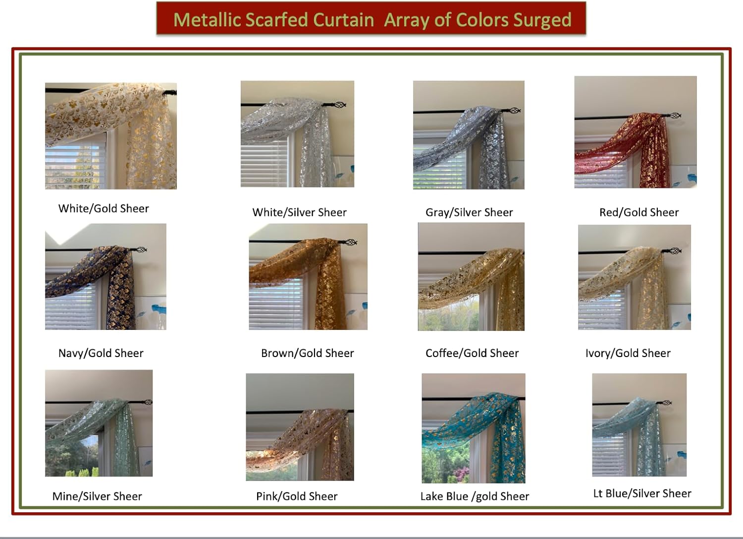 Window Metallic Organza 6 Yard Scarf Valance Curtains (Gold Leaves/Coffee Sheer 216L X 50W)