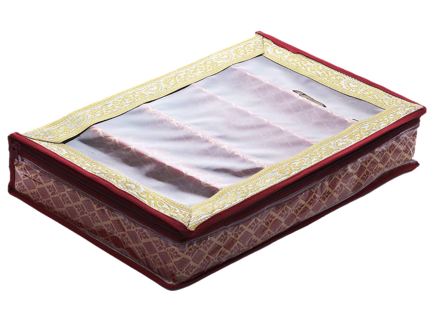 Kuber Industries Wielofunkcyjny wzór Matka laminowane pudełko na 5 prętów / organizer / etui z przezroczystą górą - opakowanie 2 szt. (kasztanowy) -47KM0475