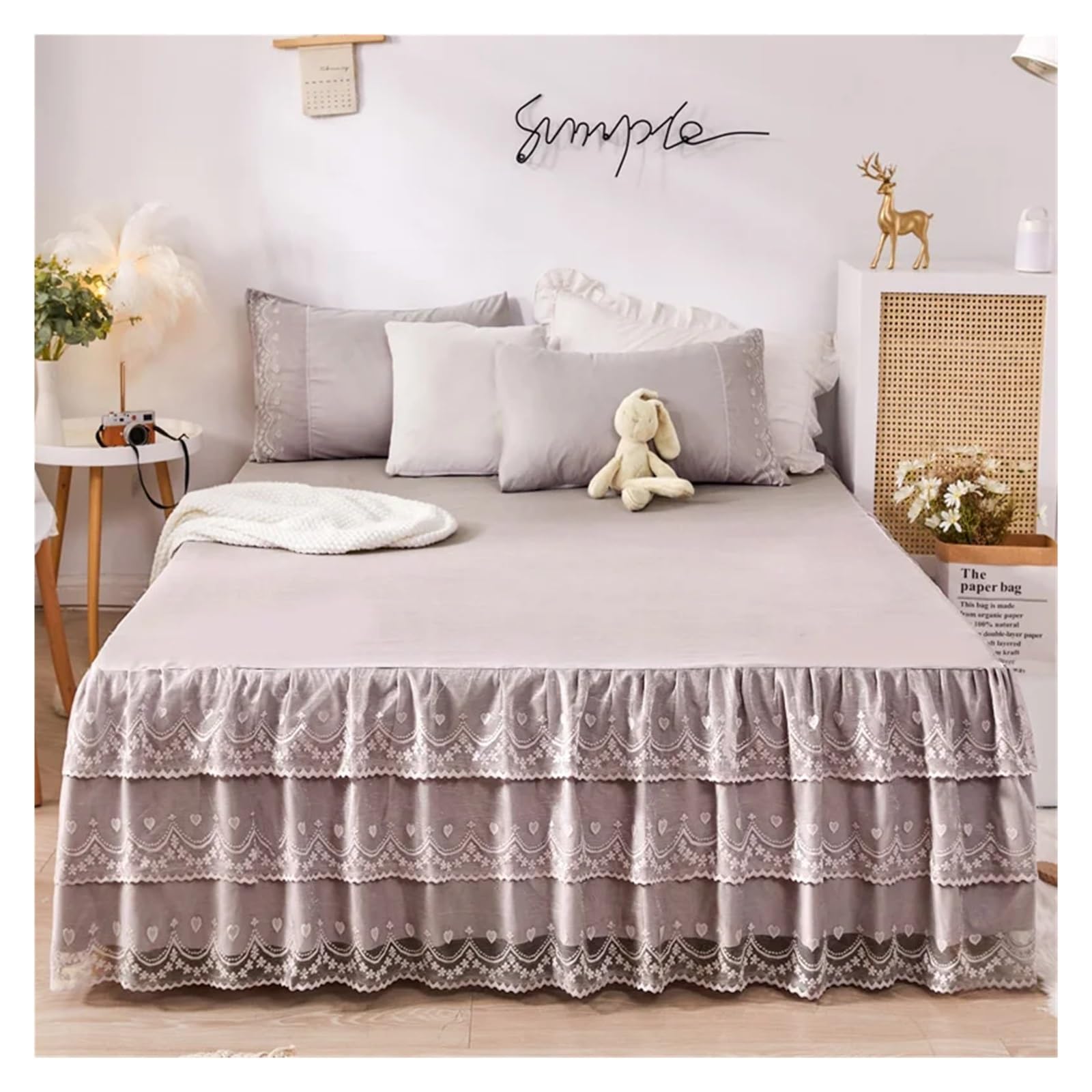 Bed Skirt Pillowcase Bed Set Ruffle Three Layers Lace Bedspreads Sheet Soft Fitted Sheet Cover(24,2pcs pillowcase)