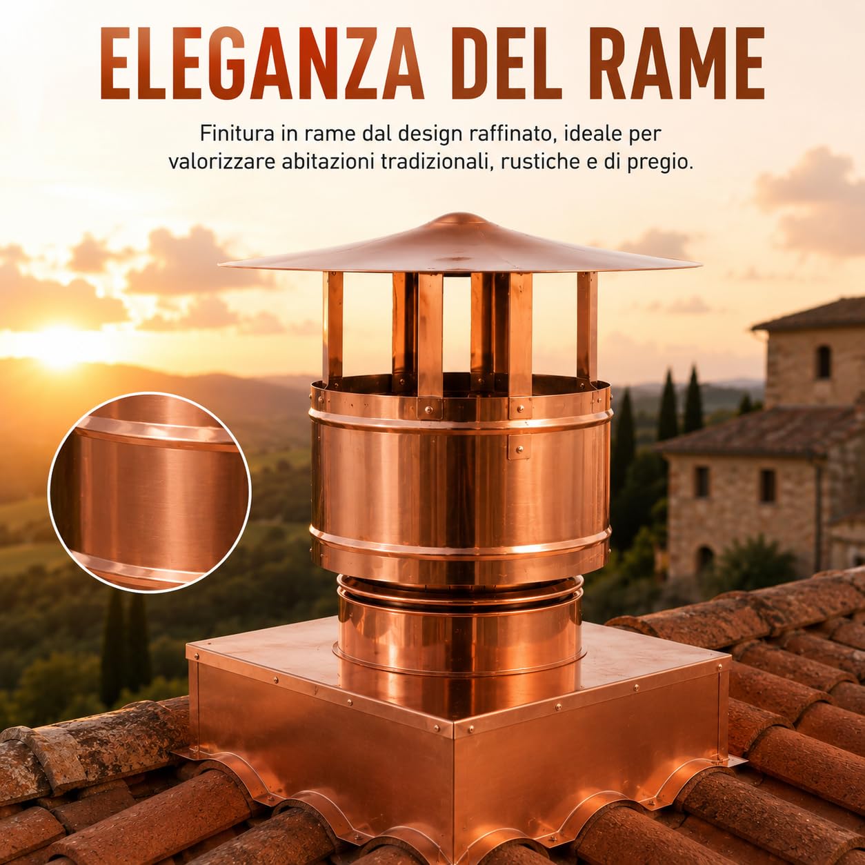 MAKA Comignolo Antivento Base Rettangolare, Terminale per Canna Fumaria Camino Stufa a Legna Pellet e Gas, Cappello Antipioggia Aspirafumo Base Rettangolare (220x320 mm - Rame)