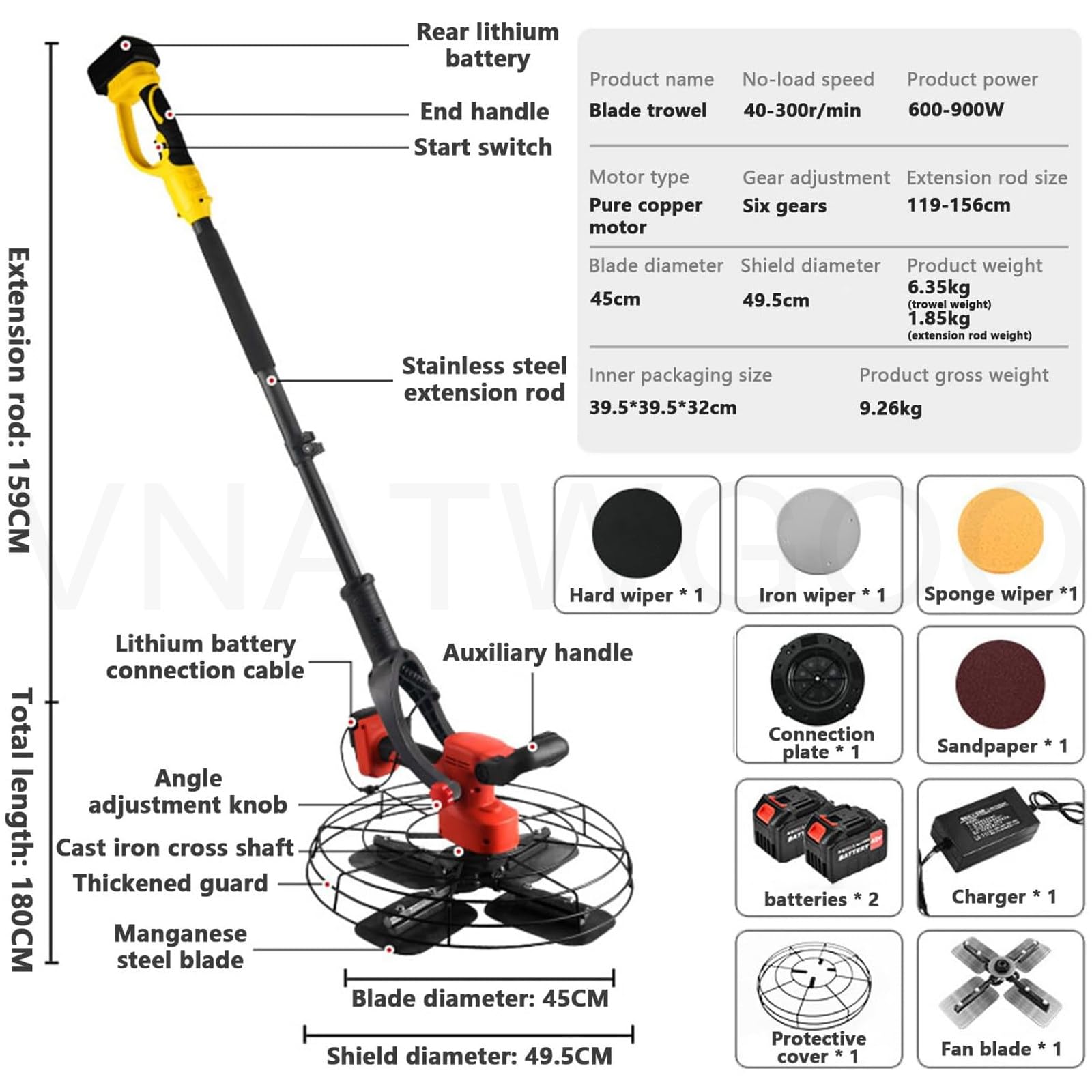 Strumento per Finitura Intonacatrice Regolabile da 40-300 Giri/Min, Levigatrice Elettrica Portatile Professionale, con Doppie Batterie E Asta di Prolunga,30000mAh