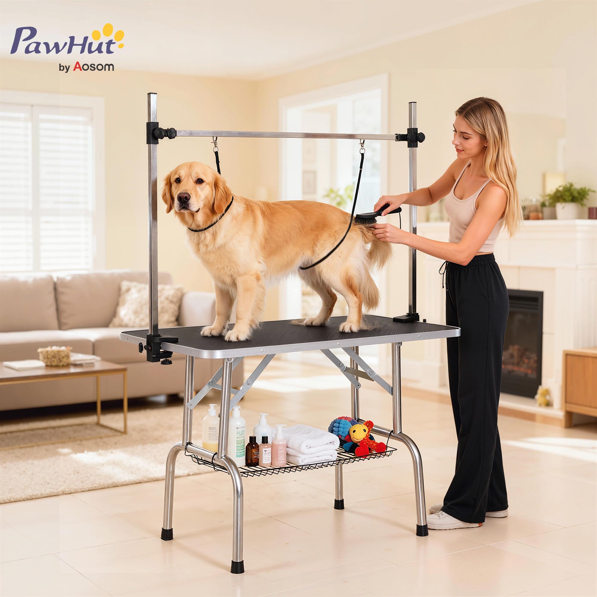 PawHut Table de toilettage pour Chien Chat Animaux, Pliante 107x60x76cm - Potence H INOX réglable - Station Robuste 100kg avec Surface antidérapante - 2 Sangles, Panier Maille - idéal Domicile - Noir