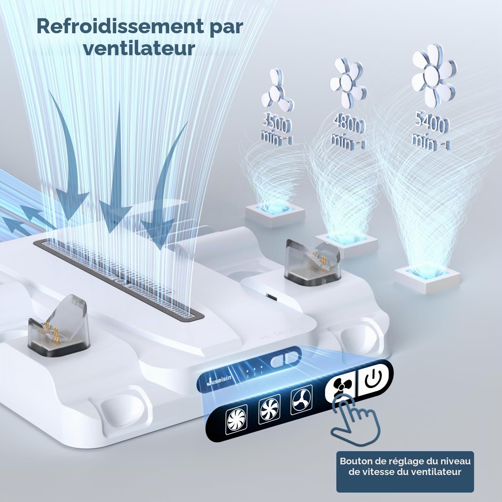 Station de charge pour PS5 avec ventilateur de refroidissement et support de carte de jeu, ventilateur à 3 compartiments, pour consoles PS5/Slim/Pro, double manette, station de charge rapide