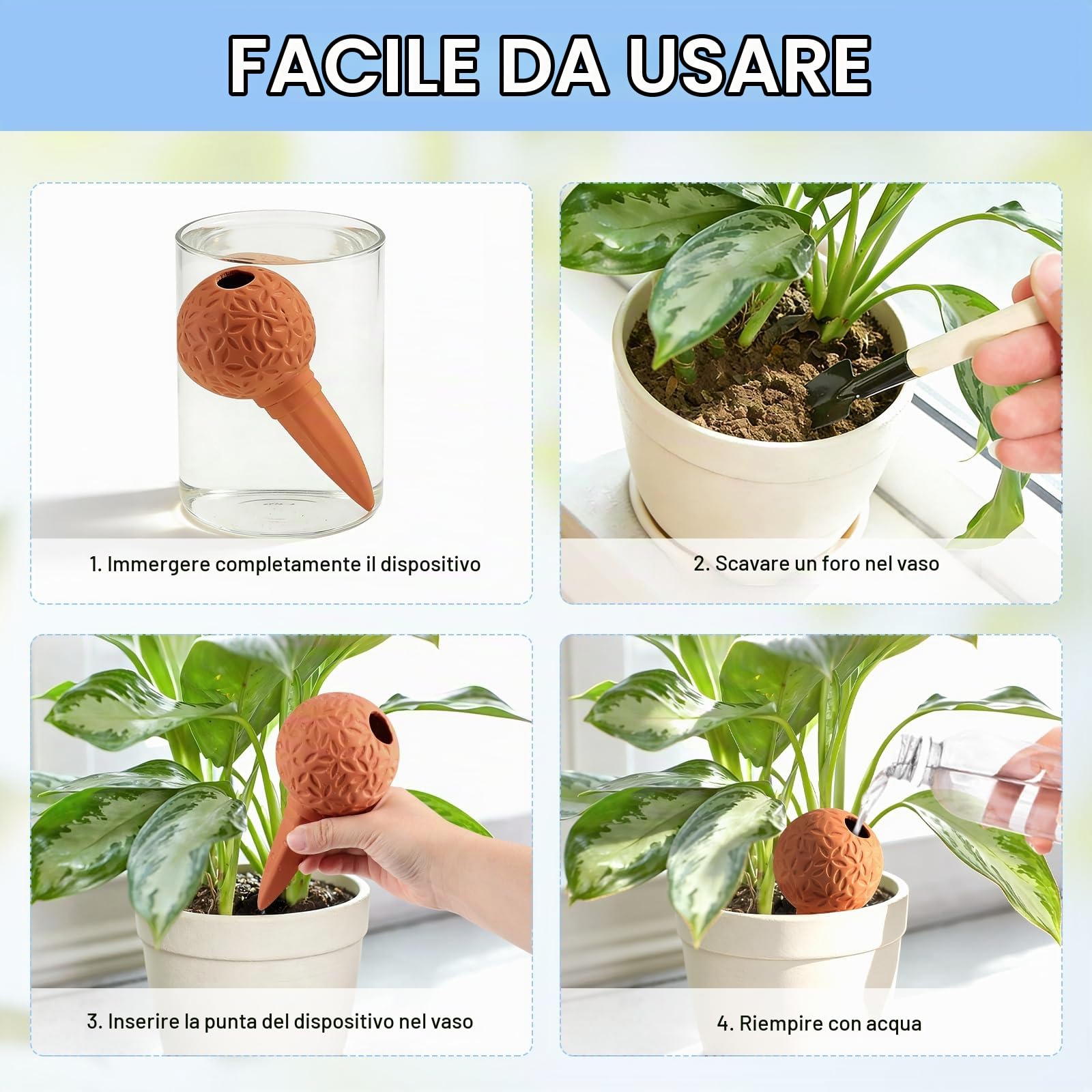 EXLECO 8pcs Coni in Argilla 185ml Testina di Irrigazione Goccia in Argilla Sfere di Irrigazione in Terracotta Sistema Automatico di Innaffiatura Vacanze Coni per D'Irrigazione Piante Interni & Esterni