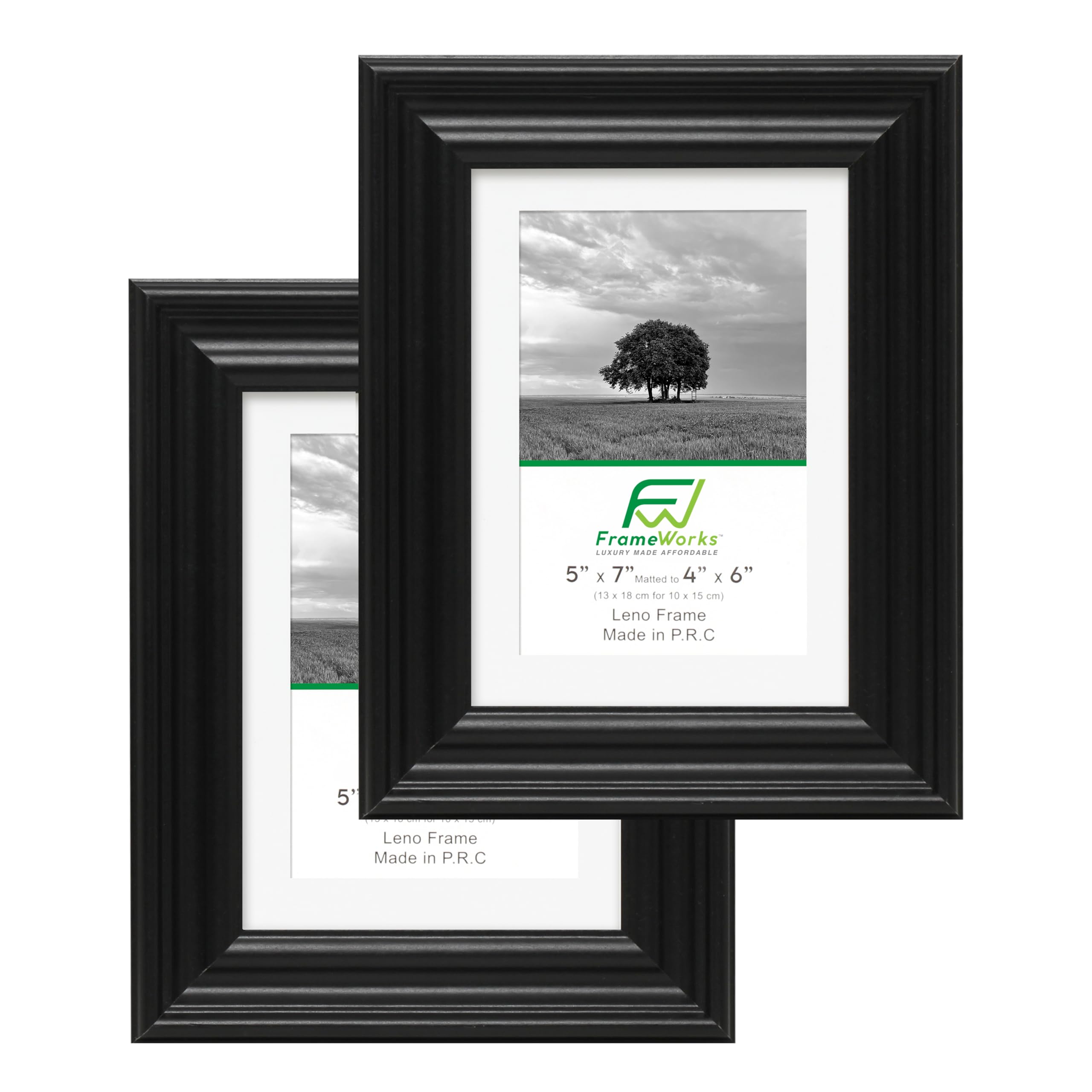 FrameWorks - 2-Pack - 5” x 7” Matted to 4" x 6" Black Wooden Picture Frames with Luxury Wide Molded Edge, Removable Mat, and Tempered Glass