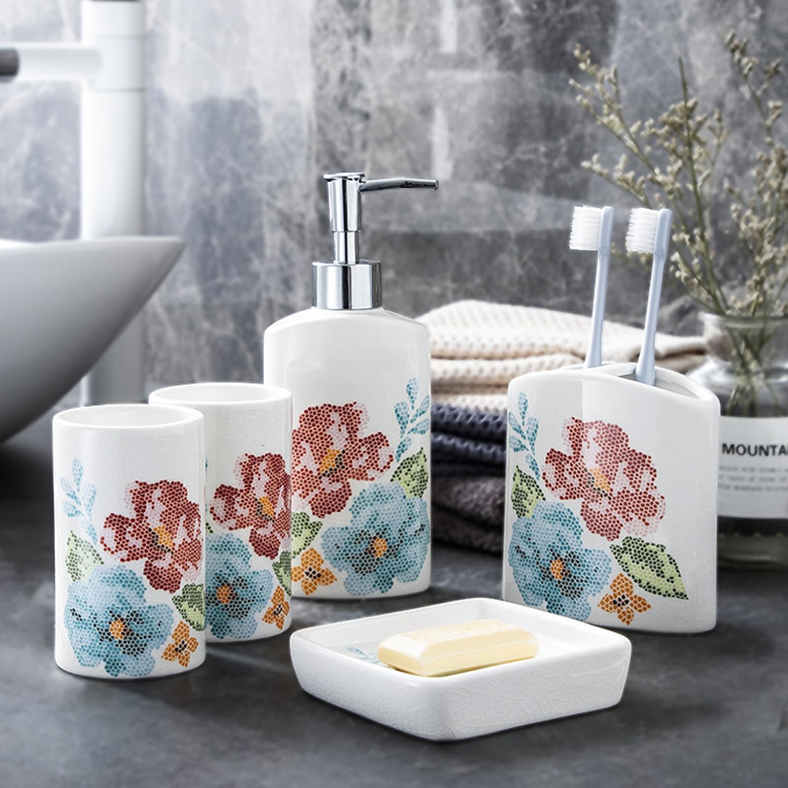 Set de Accesorios de Baño, 5 Piezas, Dispensador de Jabón Blanco, Porta Cepillo de Dientes, Jabonera,