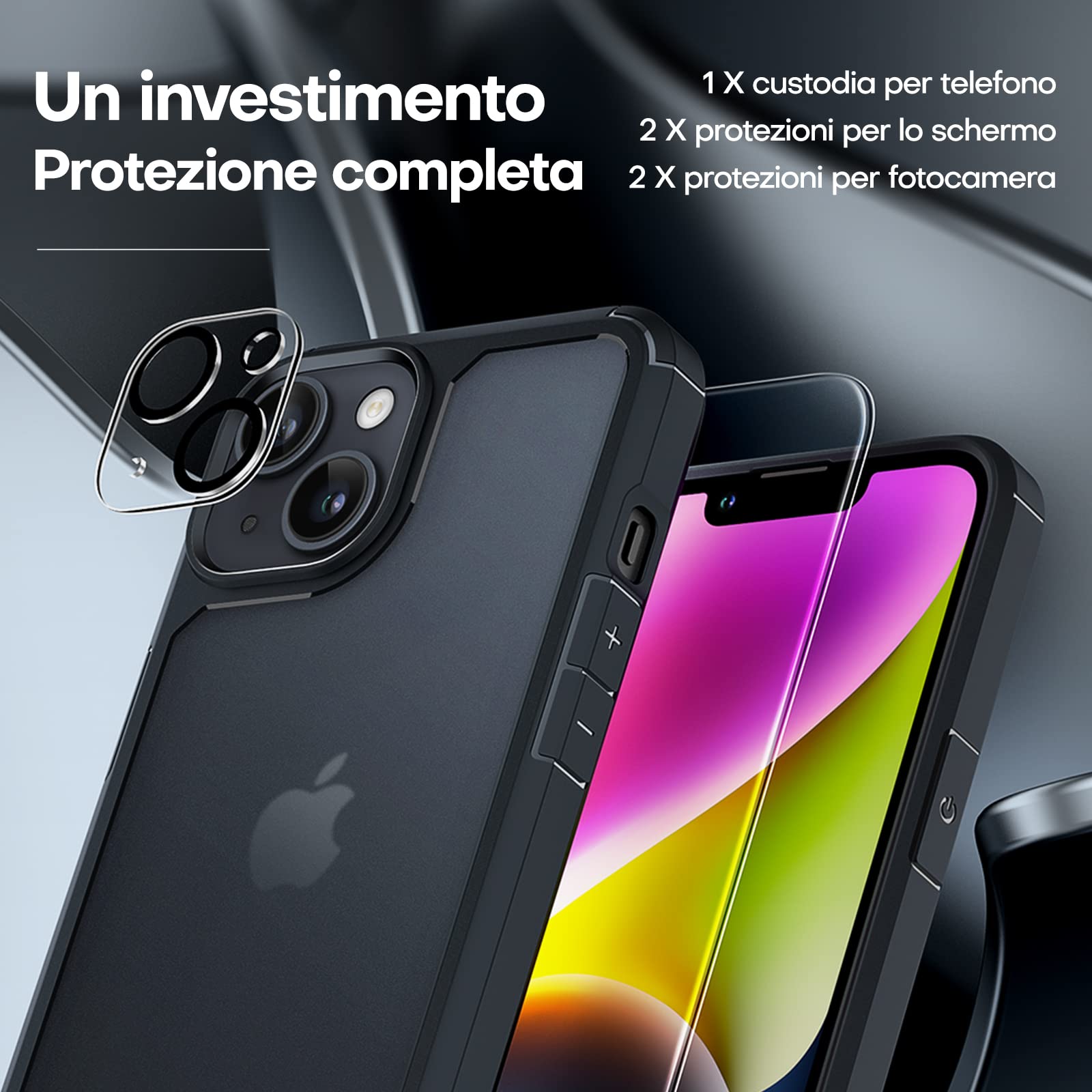 TAURI 5 in 1 Kit per Cover iPhone 14 con 2 Pellicole Vetro Temperato + 2 Pellicole Fotocamera, [Protezione Antiurto Militare] Custodia Protettiva Rigida Anti-graffio in PC - Nero opaco