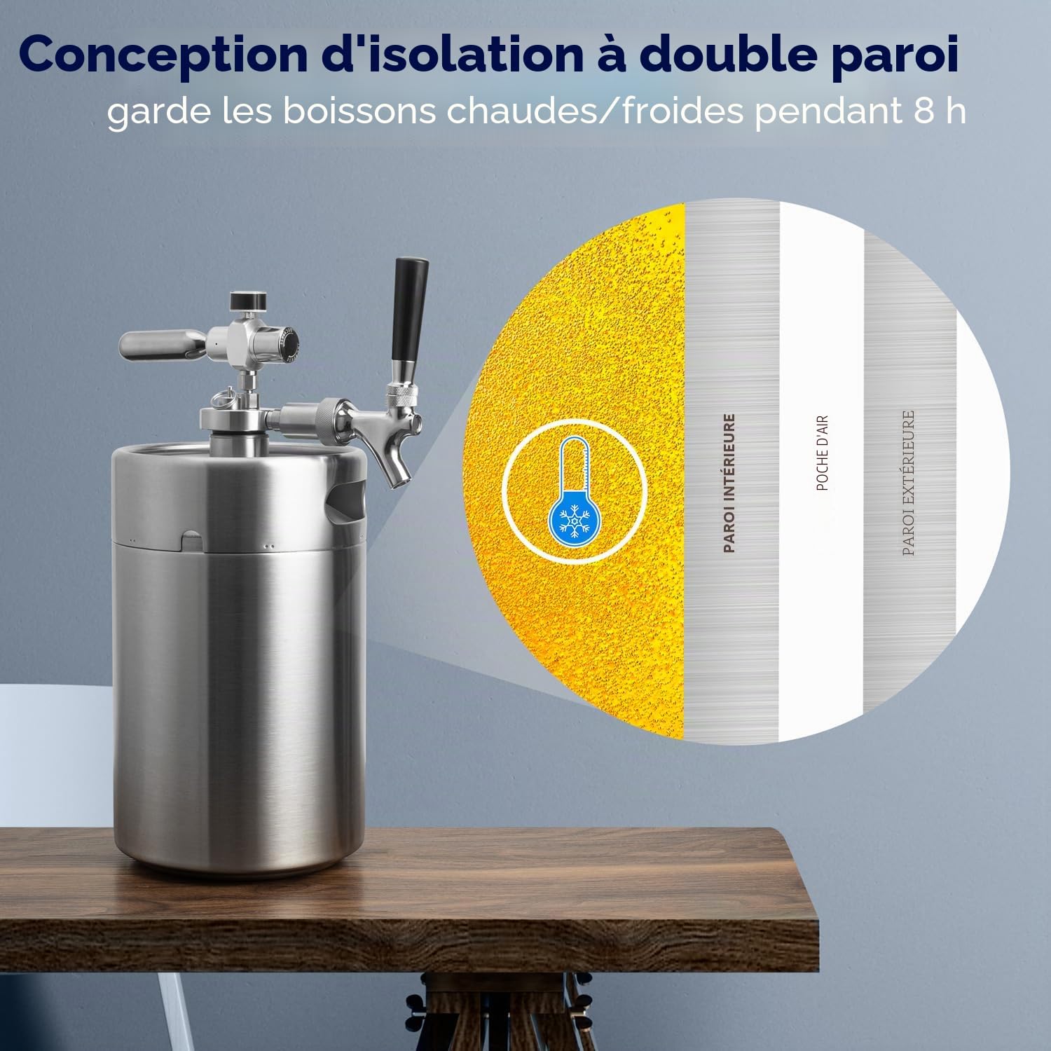 TMCRAFT Mini distributeur de bière domestique à double paroi avec robinet amovible et régulateur pour conserver la fraîcheur et le carbonation pour la bière artisanale