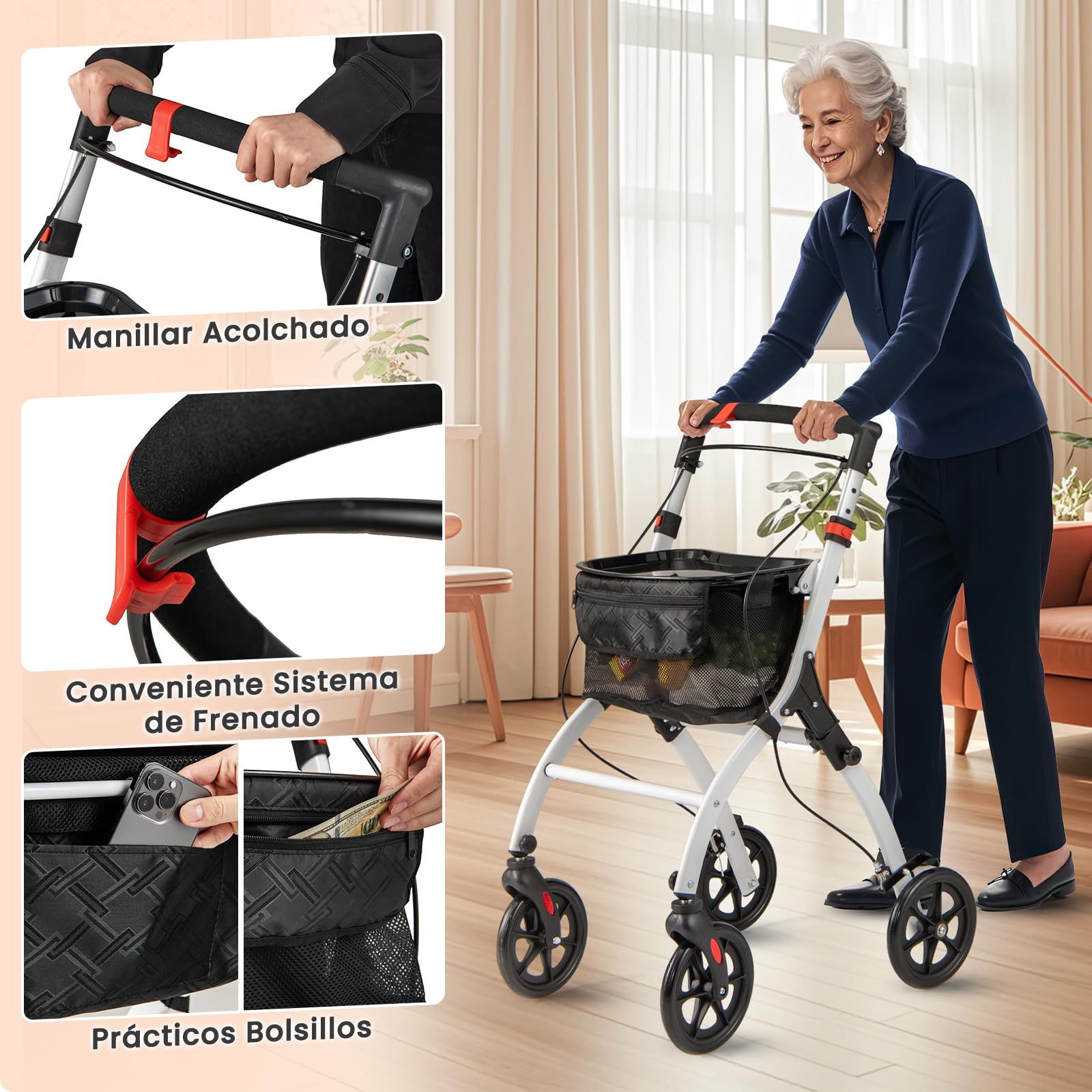 COSTWAY Andador para Ancianos con Bandeja, Caminador Anciano Ligero Plegable, Cesta de Almacenamiento, 4 Ruedas y Frenos, Andadores Estrechos con Altura Ajustable para Personas Mayores