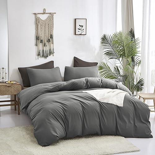 Miniatura 2 de Cottonight Juego de edredón unicolor gris tamaño California king, juego de ropa de cama gris oscuro, moderno y ligero, para mujeres y hombres