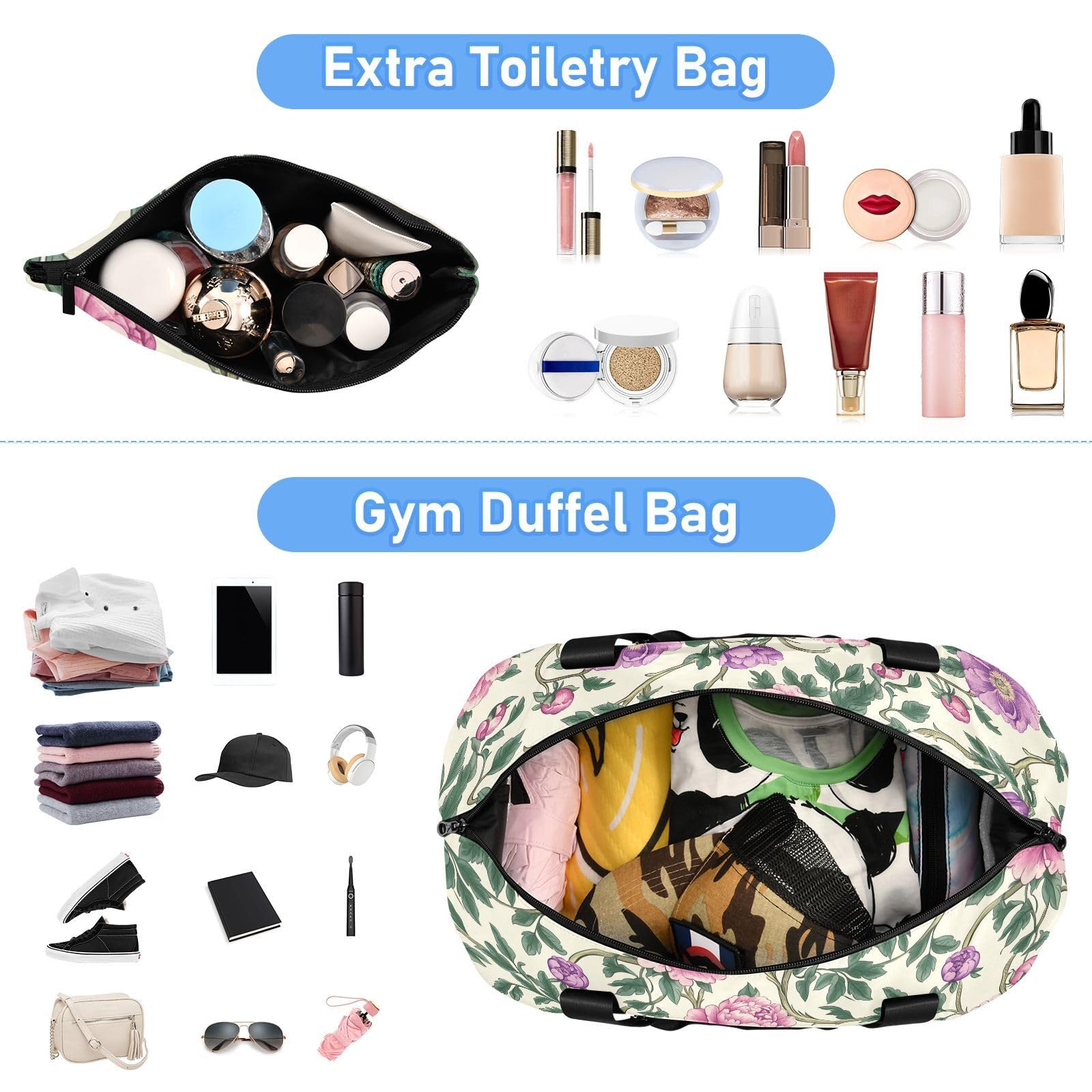 Turnbeutel im Vintage-Stil, Motiv: rosa Blumen und grüne Blätter, William Morris-Stil, 2-teiliges Set, große Sporttasche, Handgepäcktasche mit verstellbarem Riemen für Reisen