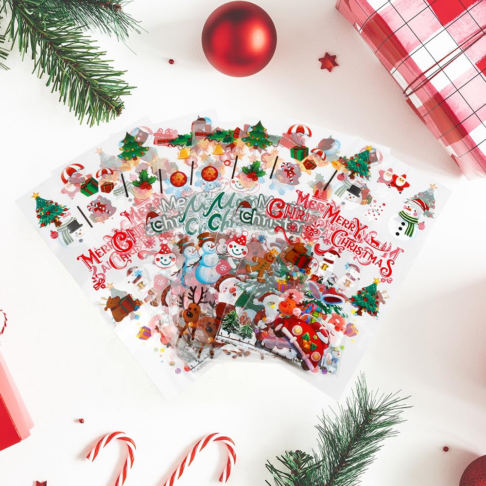 Bolsas de celofán de Navidad, bolsas de dulces de Navidad, paquete de 100 bolsas de plástico transparente con giros para bolsas de regalo de Navidad, suministros de fiesta, regalos de fiesta,