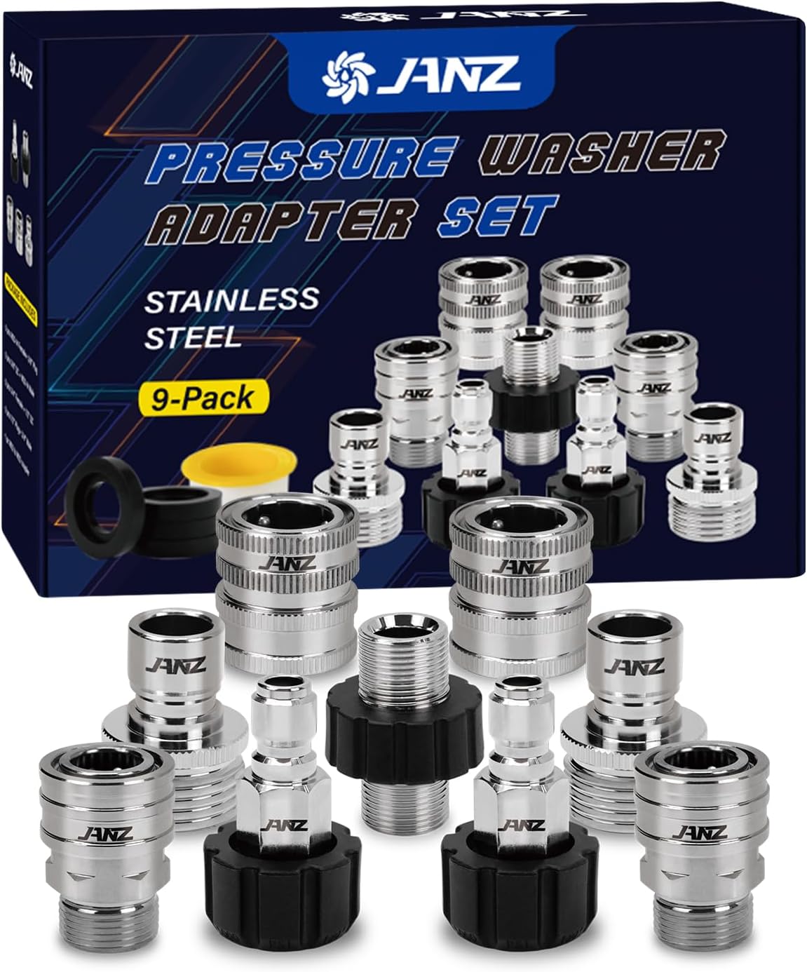 JANZ Pressure Washer Adapter Set, M22 to 3/8 inch Quick Disconnect Kit, 3/4 Inch to Quick Disconnect, Male M22 Hose Adapter, Stainless Steel, 9-Pack