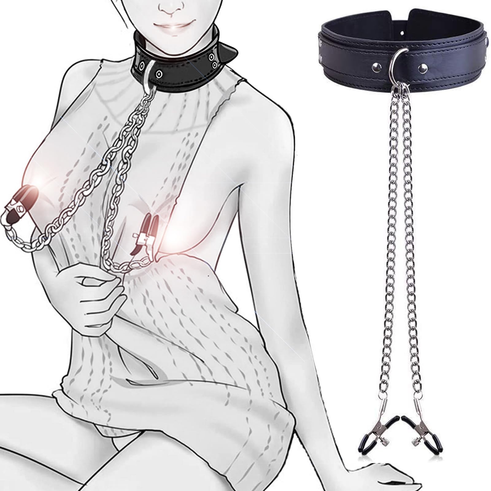 Leather Collar Choker Punk Necklace Adjustable Nipple Clamps Collar with Breast Chain Fetish Chest Clips SM Sex Toy BDSM Nipple Game Erotic Toy