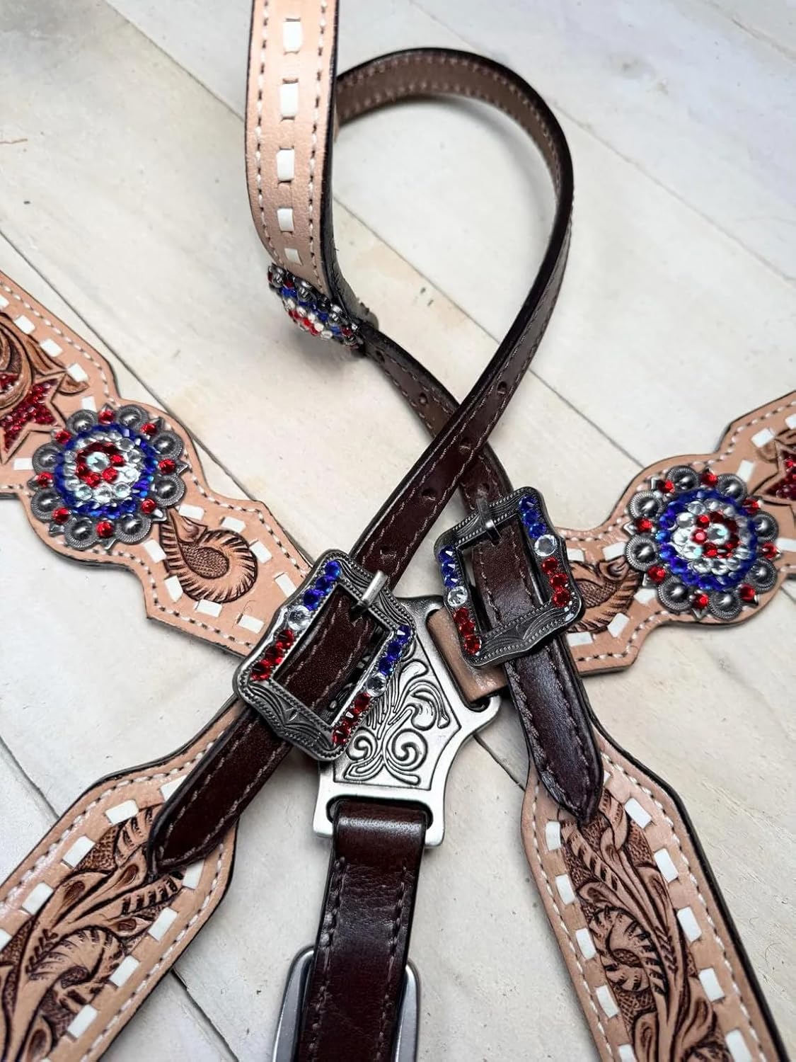 Western One Ear Leather Hand Tooled Headstall and Breast Collar Set with Reins. /Size-Full,Cob AA-04