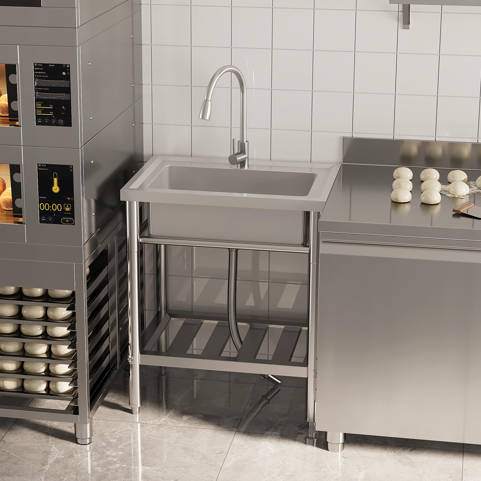 Garvee Évier Cuisine 1 Bac avec Établi, Évier Cuisine Acier Inoxydable sur Pied, Cuve avec Chaud/Froid Robinet, Égouttoir pour Cuisine, Restaurant, Garage, Buanderie (72 * 51 * 87 cm)