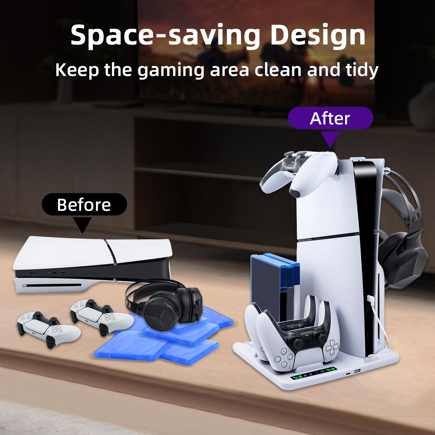 Stazione di Ricarica per PS5 Slim, Doppi Controller con Gancio Cuffie, Raffreddamento per Playstation 5 Slim con 6 Slot Dischi
