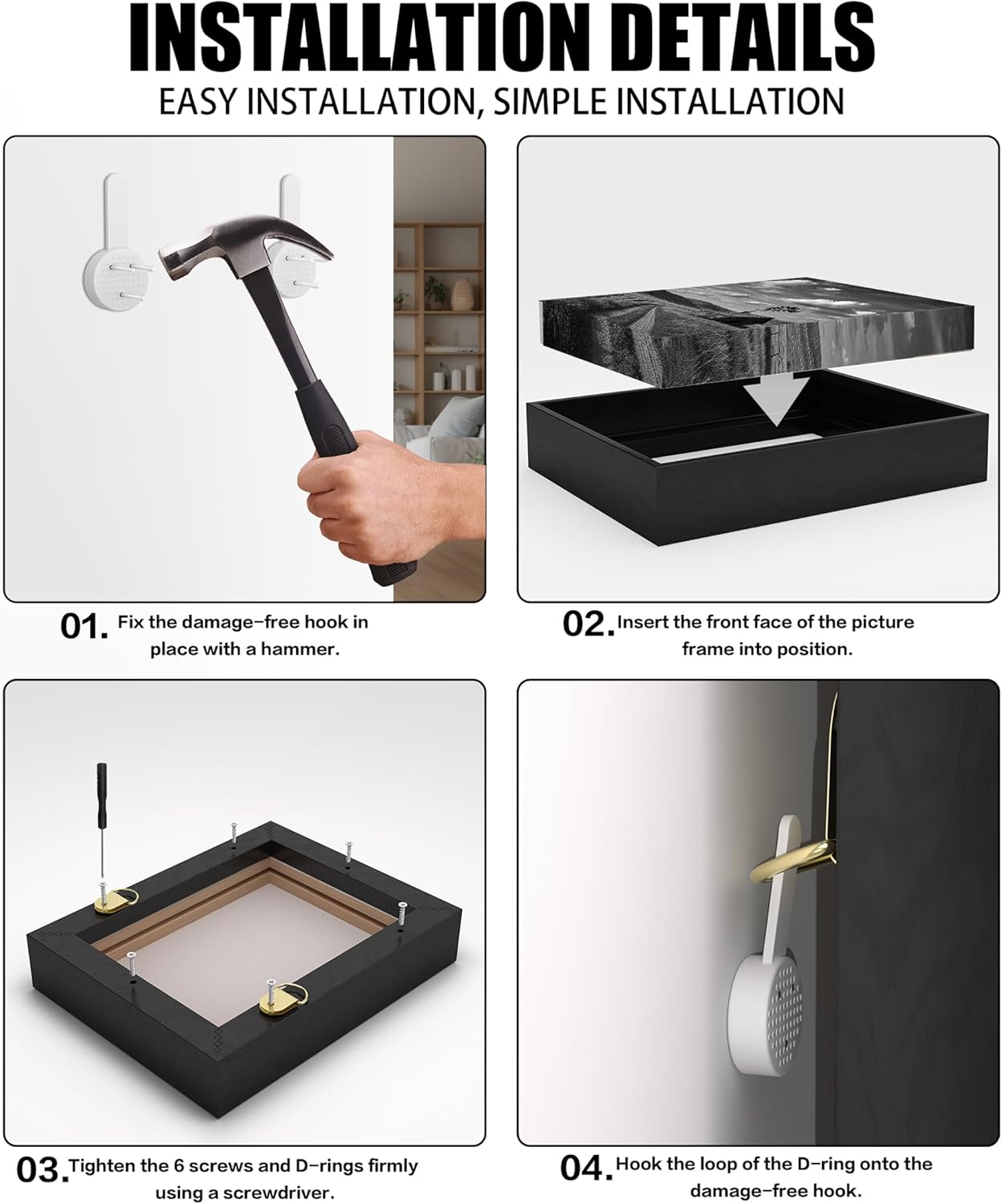 Canvas Floater Frame for 1”–1.25”Deep Gallery Wrapped Canvas, Wood-Look Floating Frame Wall Artwork for Oil Paintings, Gallery Bedroom, Living Room, Studio, Made in USA (Black,24x36)