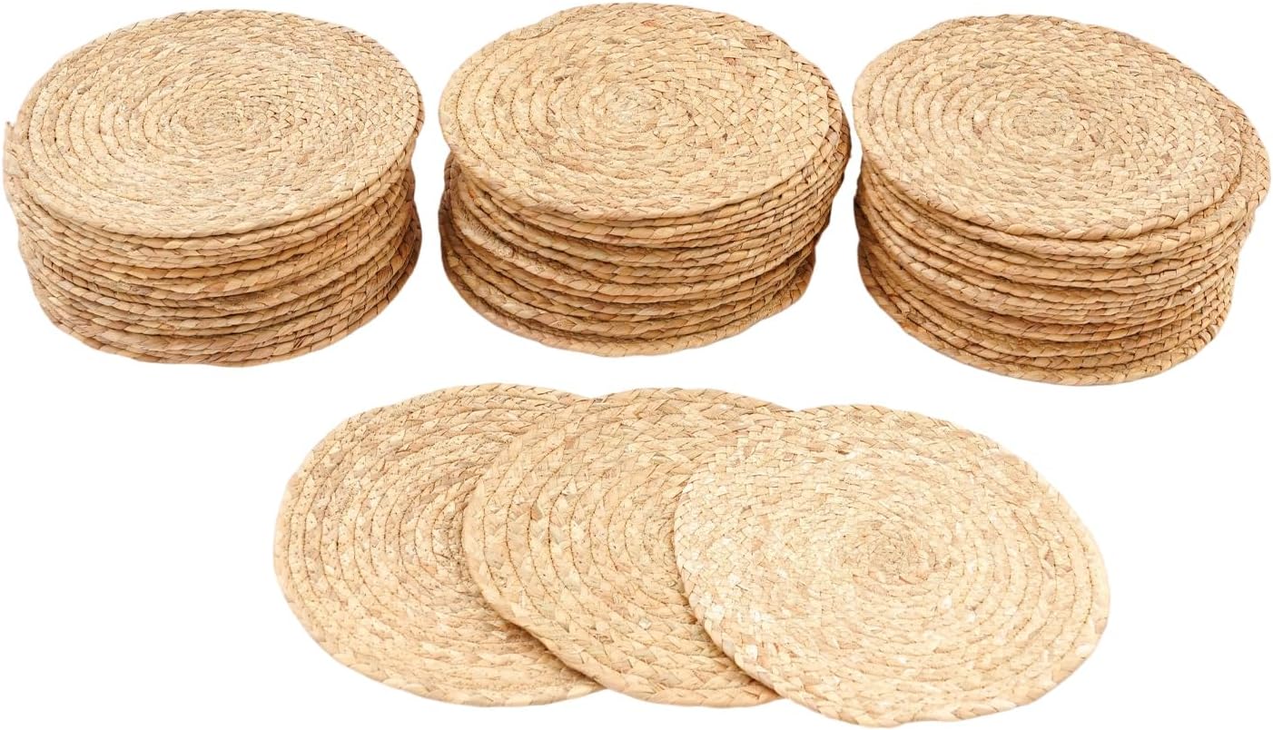 60 Pcs Woven Placemats Bulk Set, 11.8 Inch Natural Water Hyacinth Place Mats, Round Braided Rattan Tablemats, Rattan Wicker Table Mats, Wicker Chargers for Dinner Plates (60)