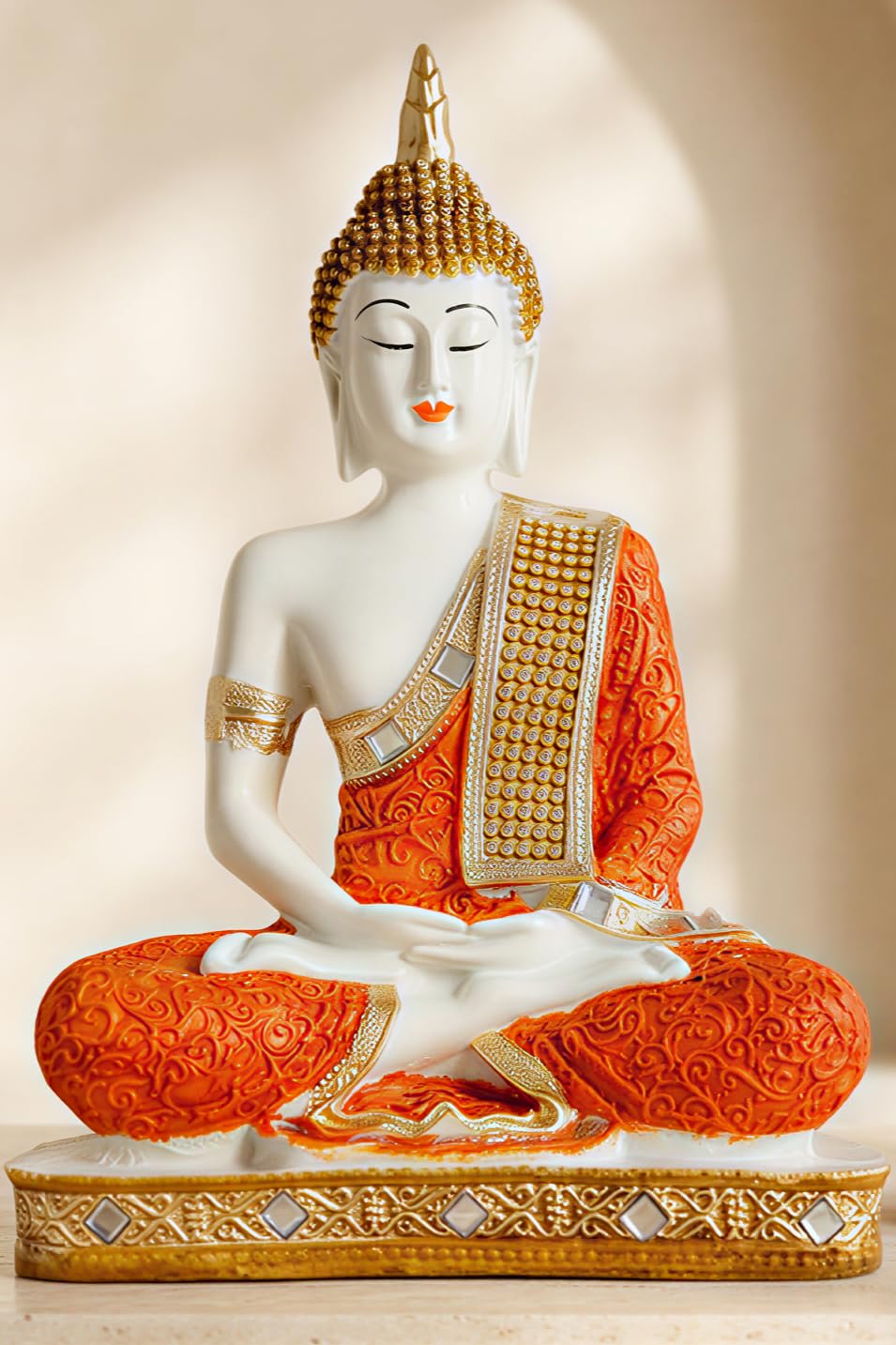 Global Grabbers New 25 Centimetre Meditating Sitting Buddha Statue showpiece Idol Home Decor Items for Living Room and Gifts (Orange White Glossy)-image-37