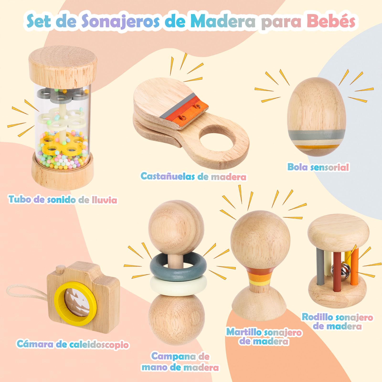 Sonajeros Bebé Montessori de Madera 7 Piezas – Juguetes Sensoriales 0+ con Palo de Lluvia y Sonajeros Variados – Regalo para Recién Nacidos