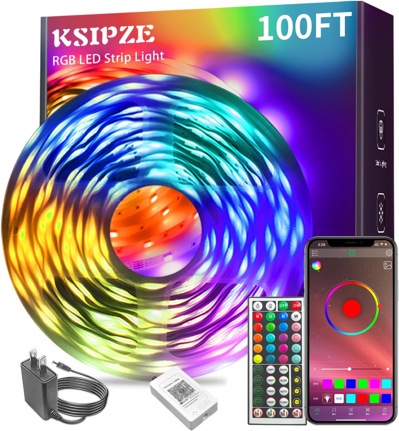 Ksipze led Lights Strip for Bedroom 100FT,Smart Music Sync RGB Color Changing with App and Remote Control, Power Supply Led Strip Lights Lumiere LED for Room Home Party Decoration