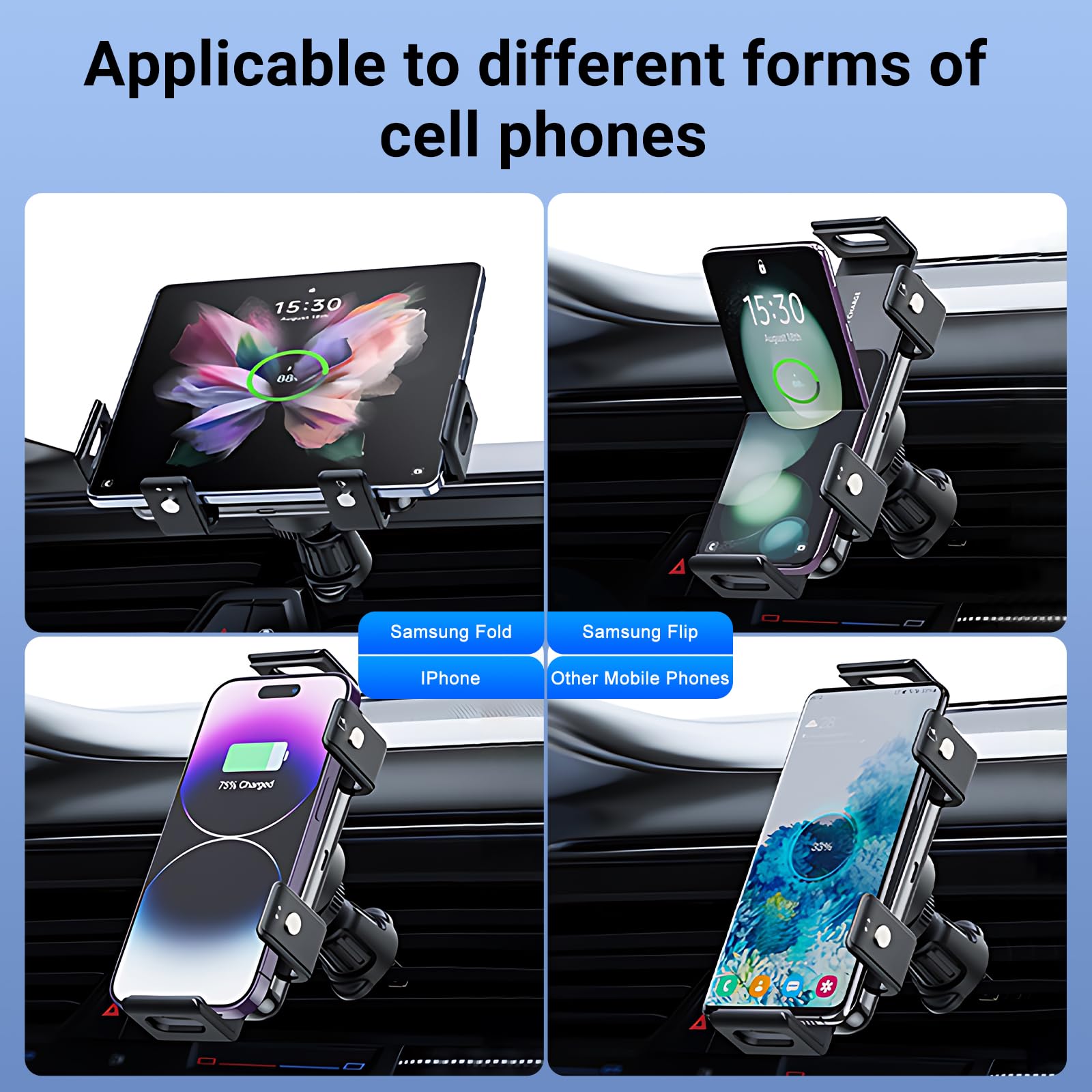 Caricabatteria da auto senza fili con sensore rapido, doppia bobina, supporto per telefono girevole automatico per Samsung Galaxy Z Fold 5/Z Fold 4/3/2 Oppo Find N2