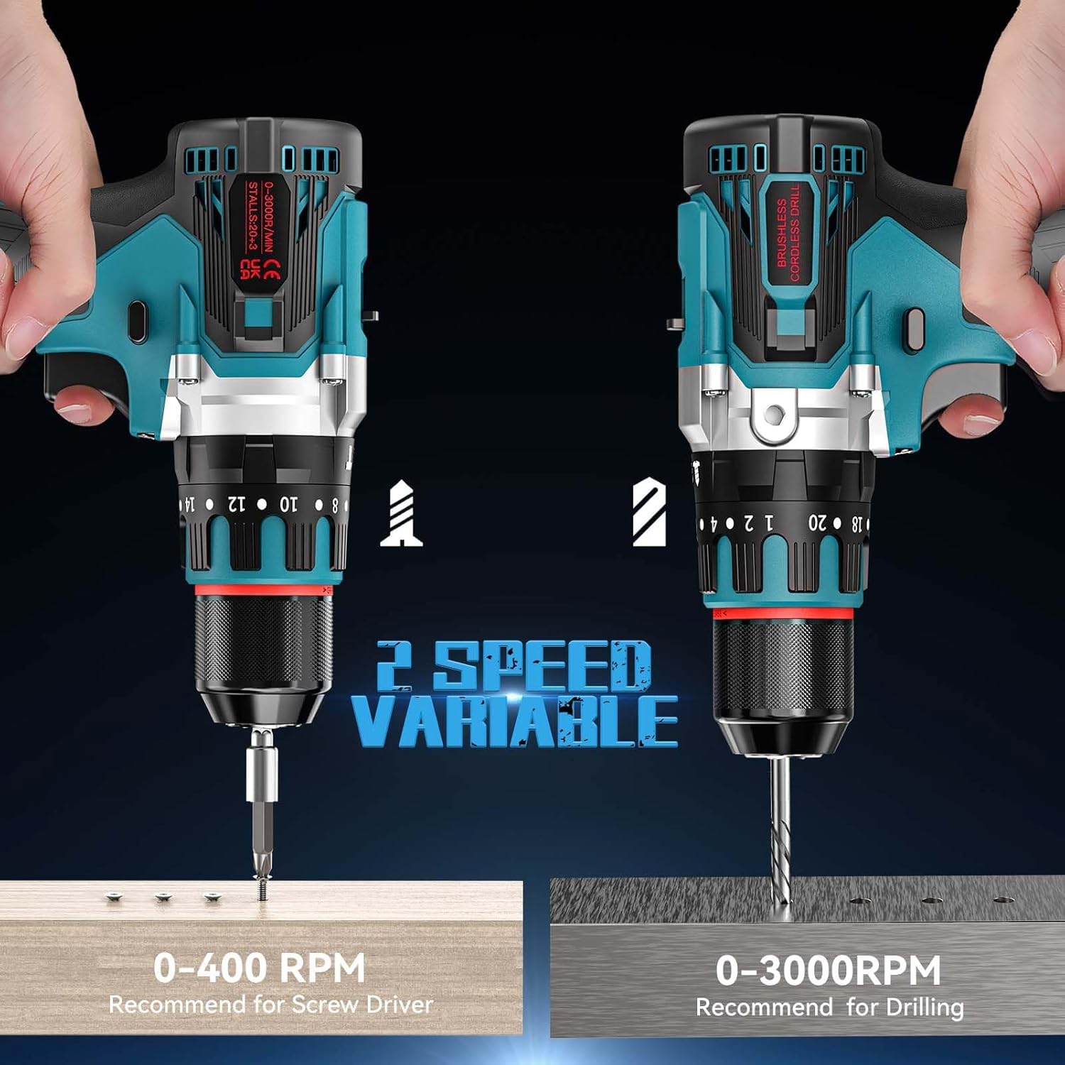 PONOSEU Trapano Avvitatore a Batteria 21V Brushless 80 Nm – Set Professionale con 2 Batterie 2.0Ah, 2 Velocità, 20+3 Regolazioni, LED e Accessori – Per Cantiere, Officina e Ristrutturazione (XL02-H)