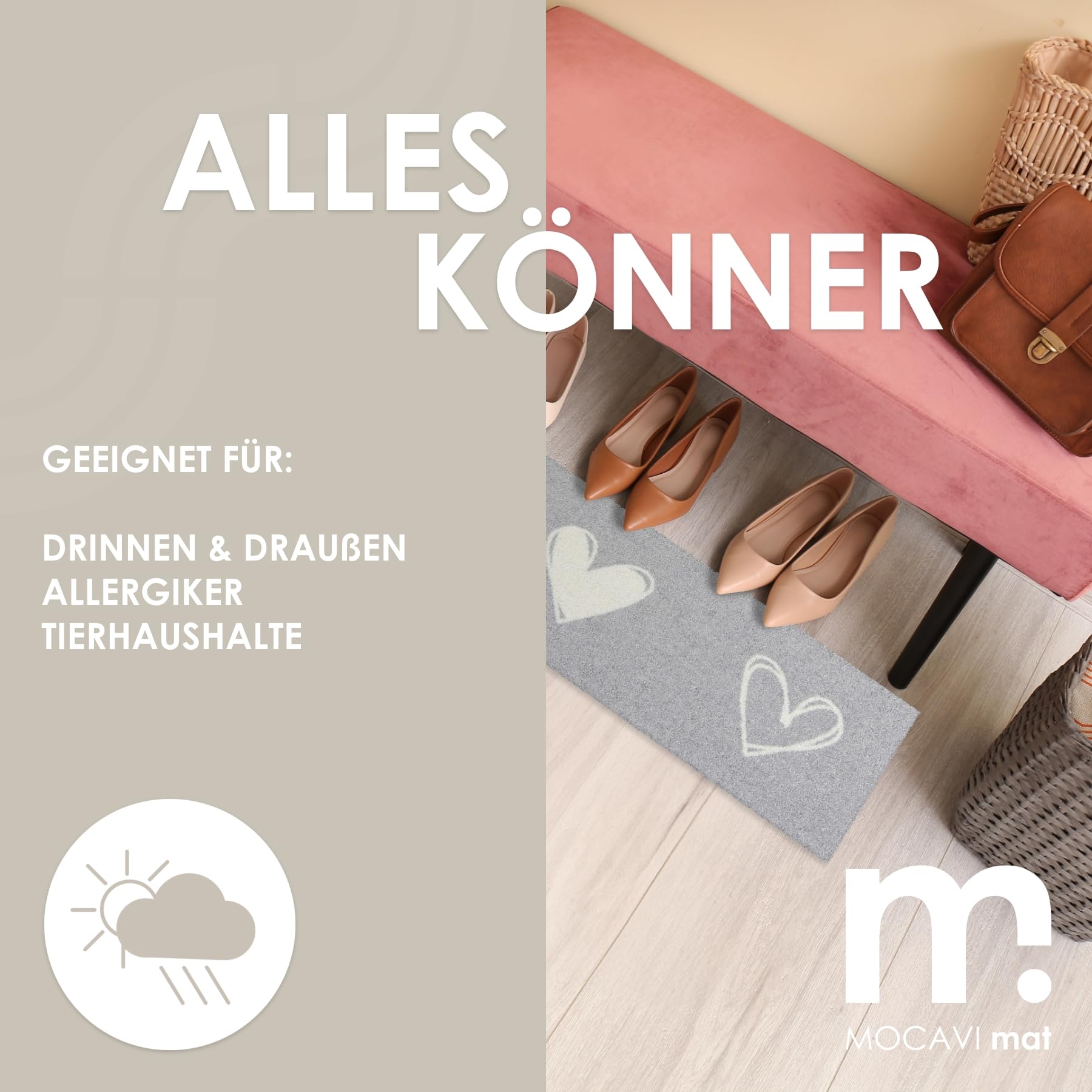MOCAVI Mat Fußmatte Schuhparkplatz Herzen hell-grau 30x100 cm Schuh-Teppich lang, schmal, Schuhe ausziehen, Deko sbereich innen, außen, Matte, Haustür, Stiefelmatte