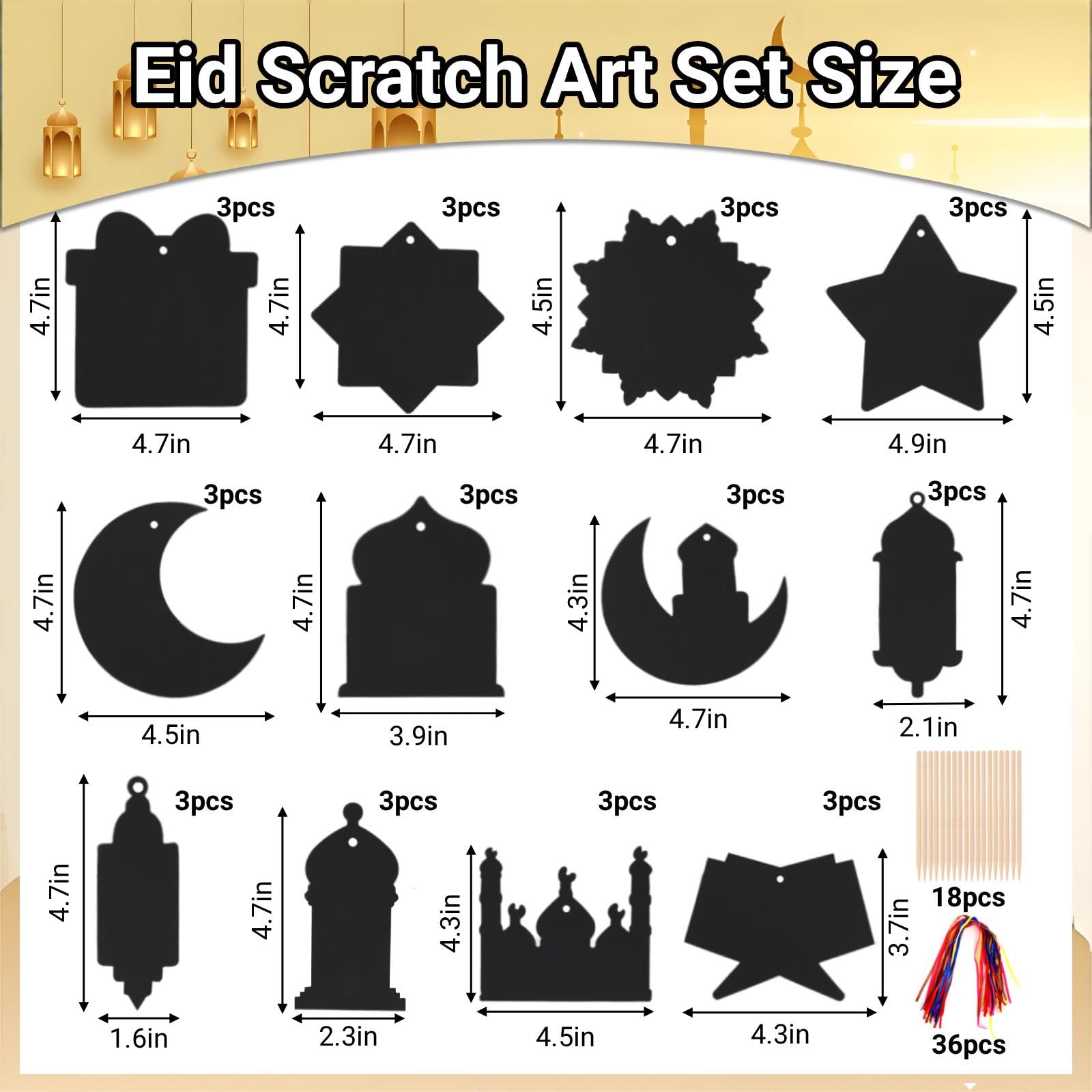 36 PCS Ramadan Eid Scratch Art for Kids Ramadan Lantern Moon Star Castle Shaped Rainbow Paper Eid Mubarak Decorations with Ribbon - Image 3
