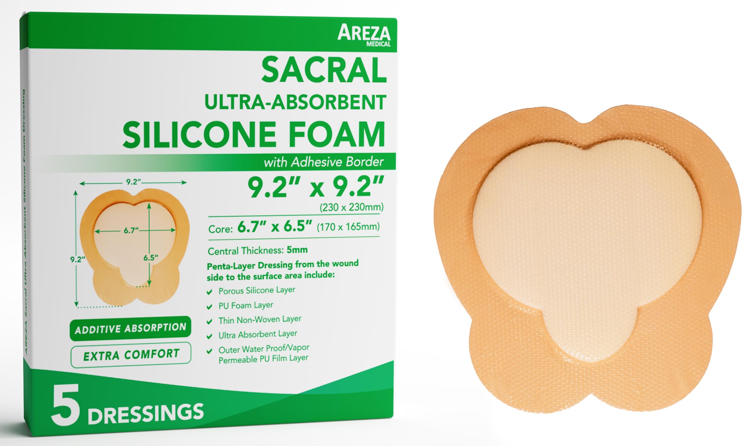 Areza Medical - Silicone Foam with Super-Absorbent Layer - Wound Dressing - Waterproof - with Adhesive Border - Sterile - Designed for Sacral Wounds -