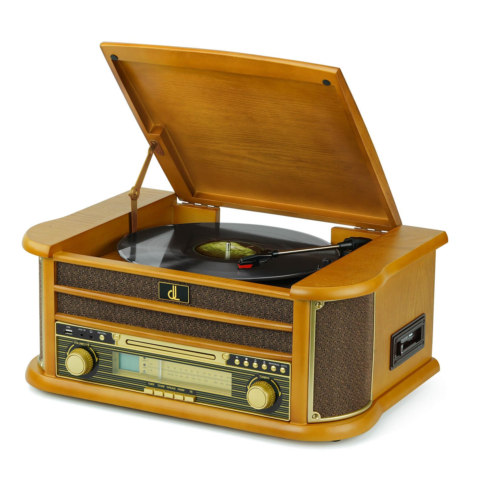 DL Giradischi vinile con altoparlanti e registrazione USB all-in-one, sistema stereo vintage con lettore CD, cassette, radio AM/FM, ingresso ausiliario, centro musicale