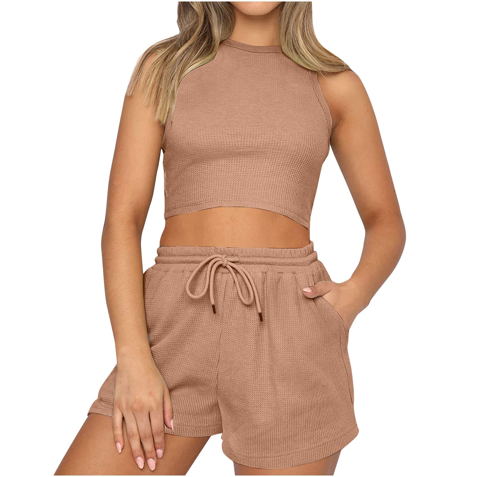 Two Piece Workout Outfits Womens Lounge Athletic Shorts Sets 2 Piece Sleeveless Crop Top High Waist Shorts Activewear
