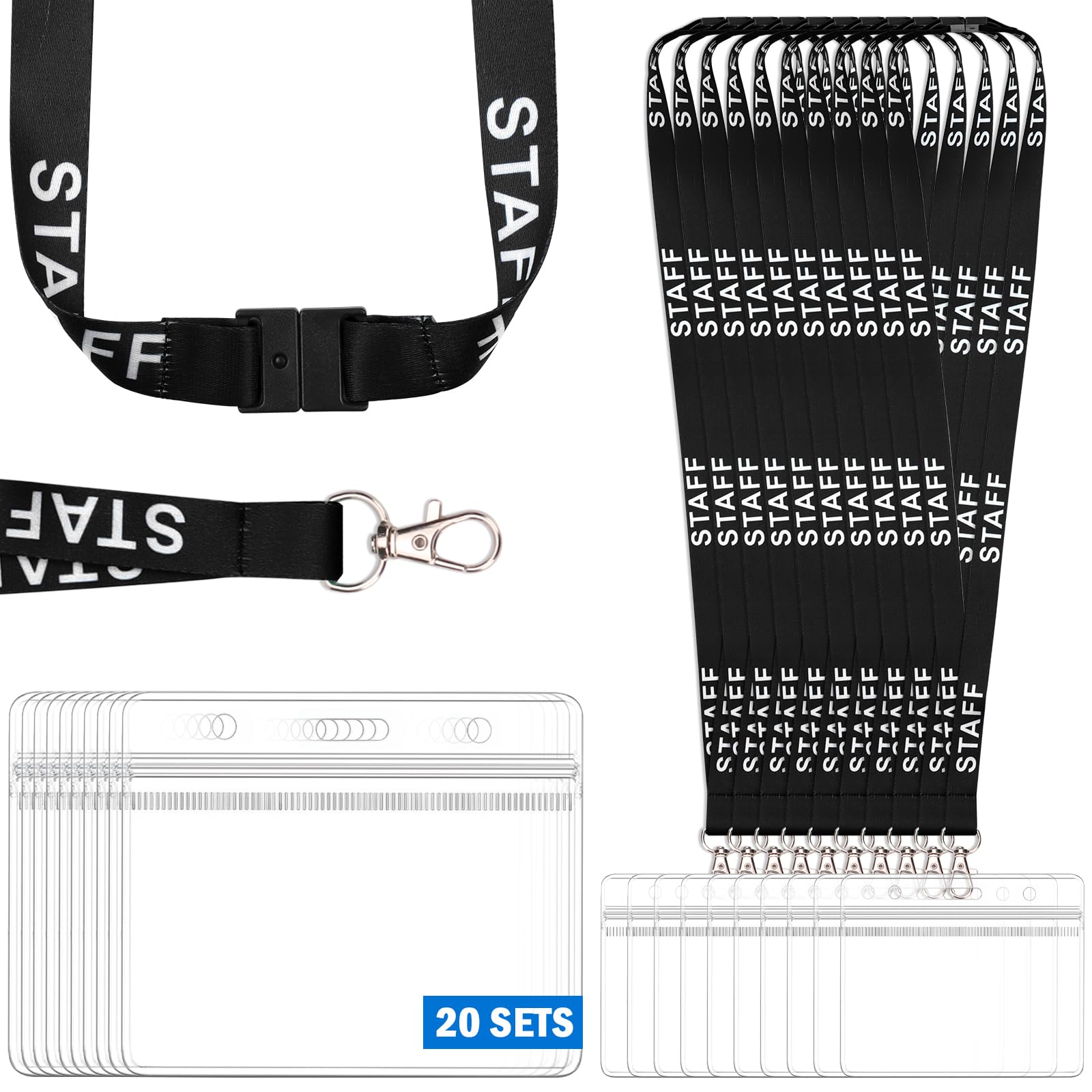 20 Pack Black Staff Lanyards with 20 ID Card Holders Breakaway Safety Neck Lanyard with Waterproof Clear Badge Holder Bulk ID Holders for Events Office Workplaces