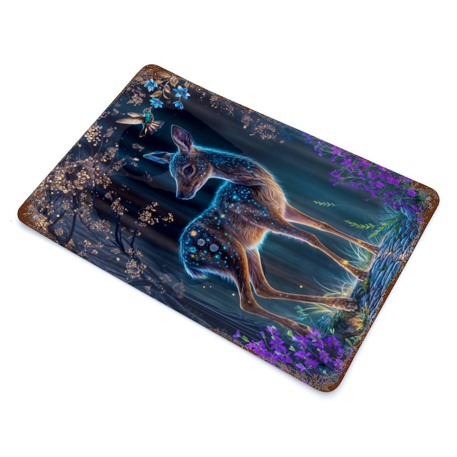 Rustic Tin Plaque with Fawn in Enchanted Forest Design 11.8"x7.9", for Pub, Kitchen And Man Cave Decor, Old School Wall Decor