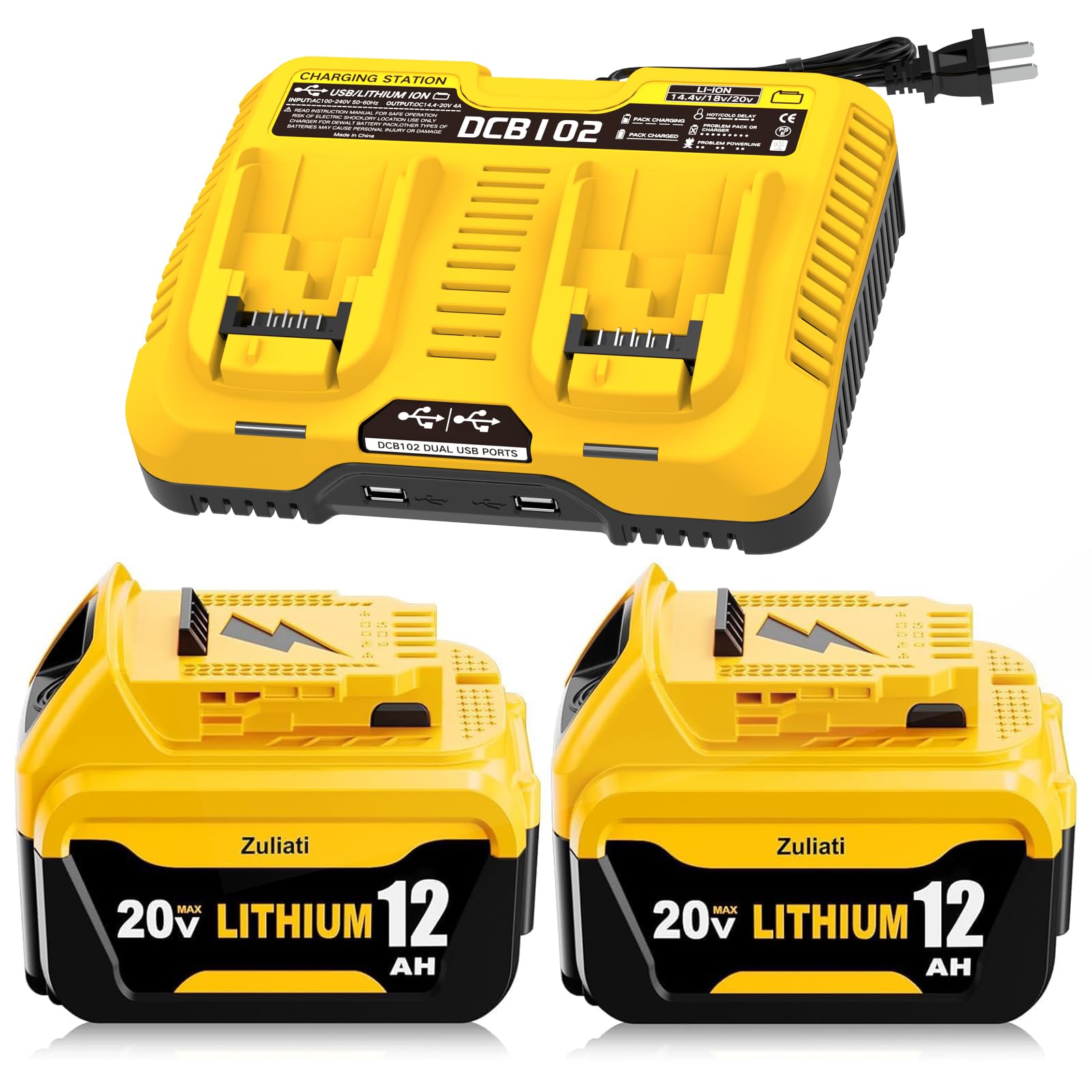 12Ah Replacement for Dewalt 20V Max Battery and DCB102 Charger (3Pack)