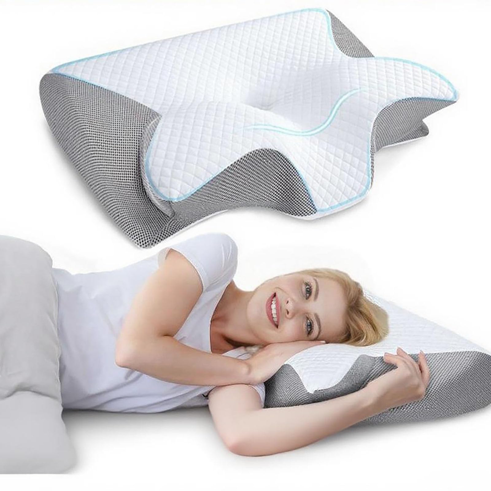 Pillow Daddy Schlafkissen, Kissen für Nackenschmerzen Memory Foam Nackenkissen, Ergonomisches Anti Schnarch Kissen für Rücken, Bauchschläfer, Atmungsaktiv Waschbar, Inklusive 2 Bezüge (Grau)