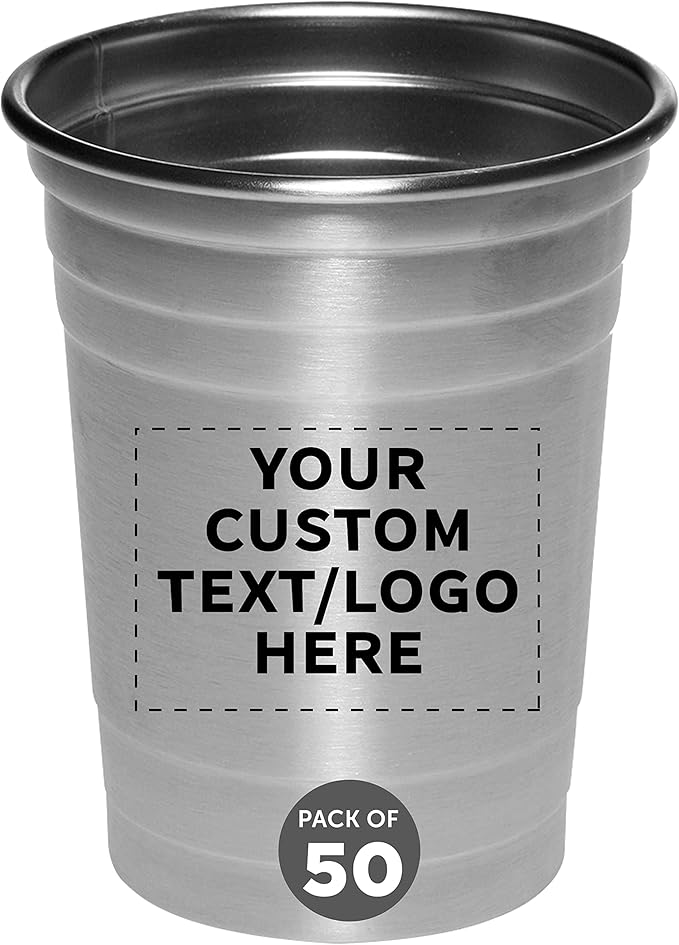 Custom Stainless Steel Beer Cups 16 oz. Set of 50, Personalized Bulk Pack - Perfect for Corporate Parties, Indoor & Outdoor Events - Silver