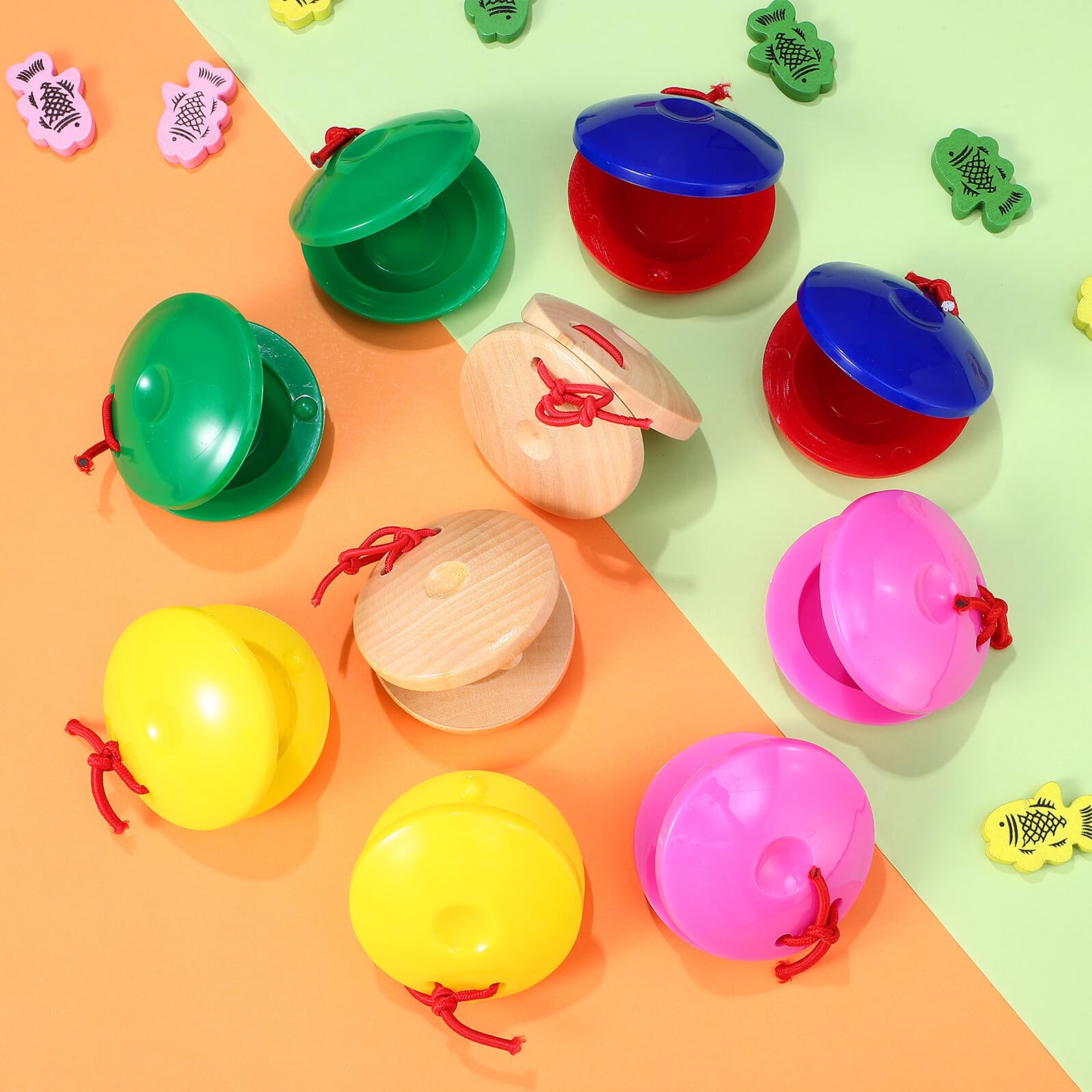 24 Castañuelas para Set 24 Piezas Madera y Plástico Colores Surtidos Rojo Azul Amarillo Verde Rosa Instrumento Musical Educativo Juguetes de Percusión para Desarrollo Sensorial