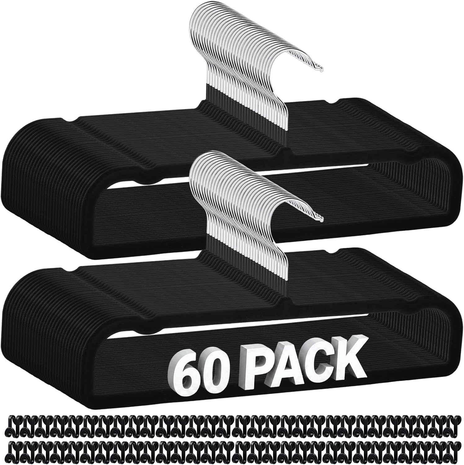 60 Pack Black Velvet Felt Pants Hangers with 60 Hooks, Heavy Duty Space Saving Clothes Hangers with 360° Swivel Hook, Non Slip Thin Cute Flocked Design for Shirts, Coats, Dresses & Closet Organization