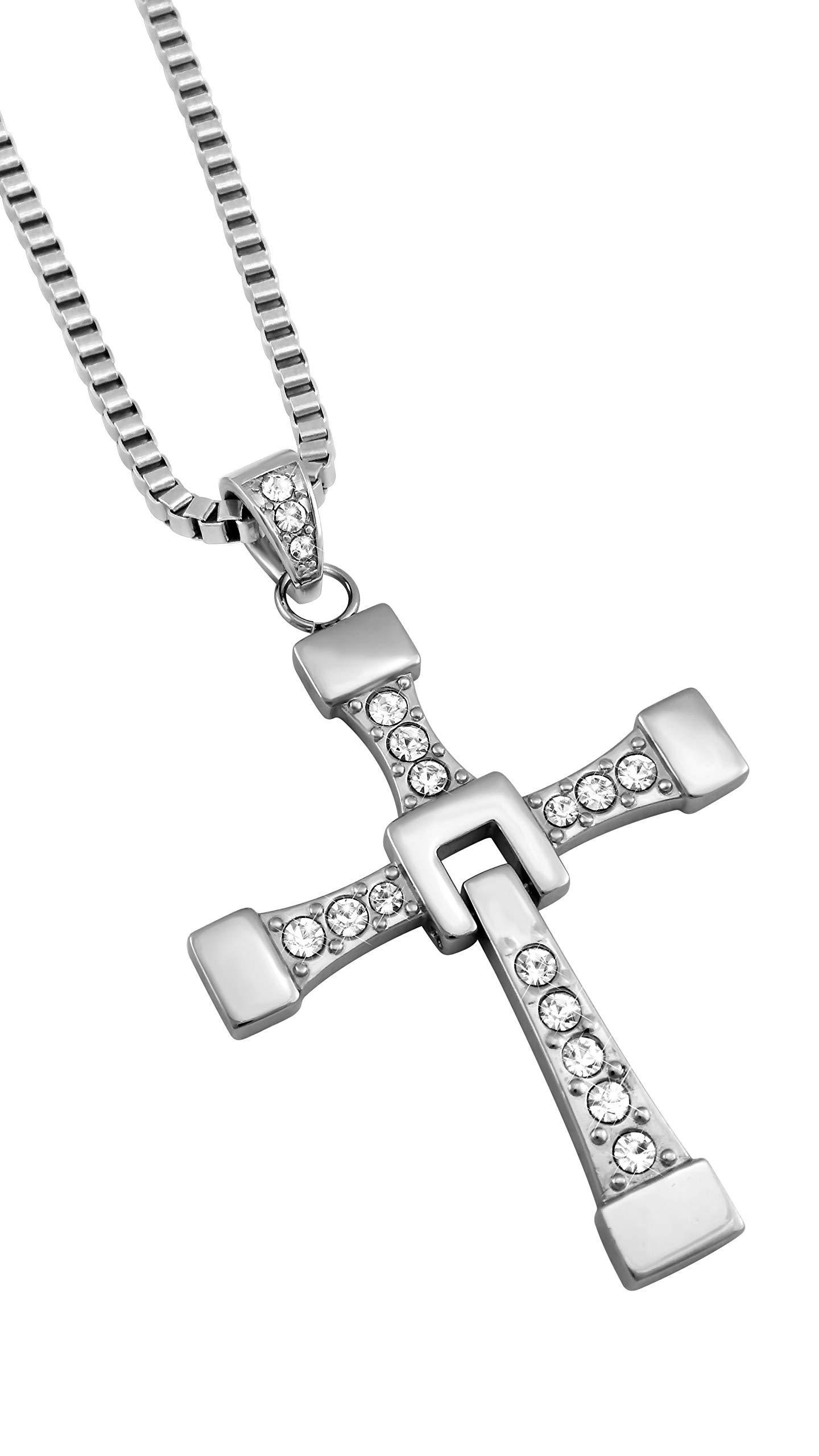 Collana in acciaio inox con ciondolo a forma di croce e strass lunghi 60 cm – Collana Dominic Toretto ispirata a Fast and Furious – Articolo perfetto per i fan del film