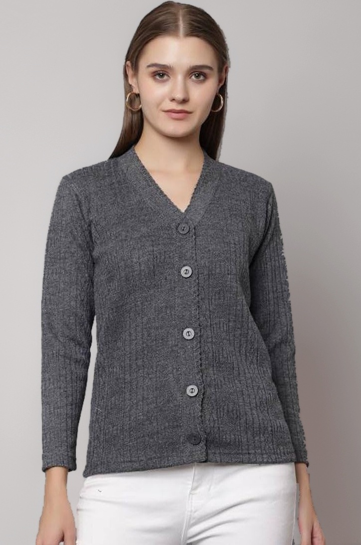 Women Woolen V-Neck Full Sleeve Solid Print Cardigan Sweater for Winter wear