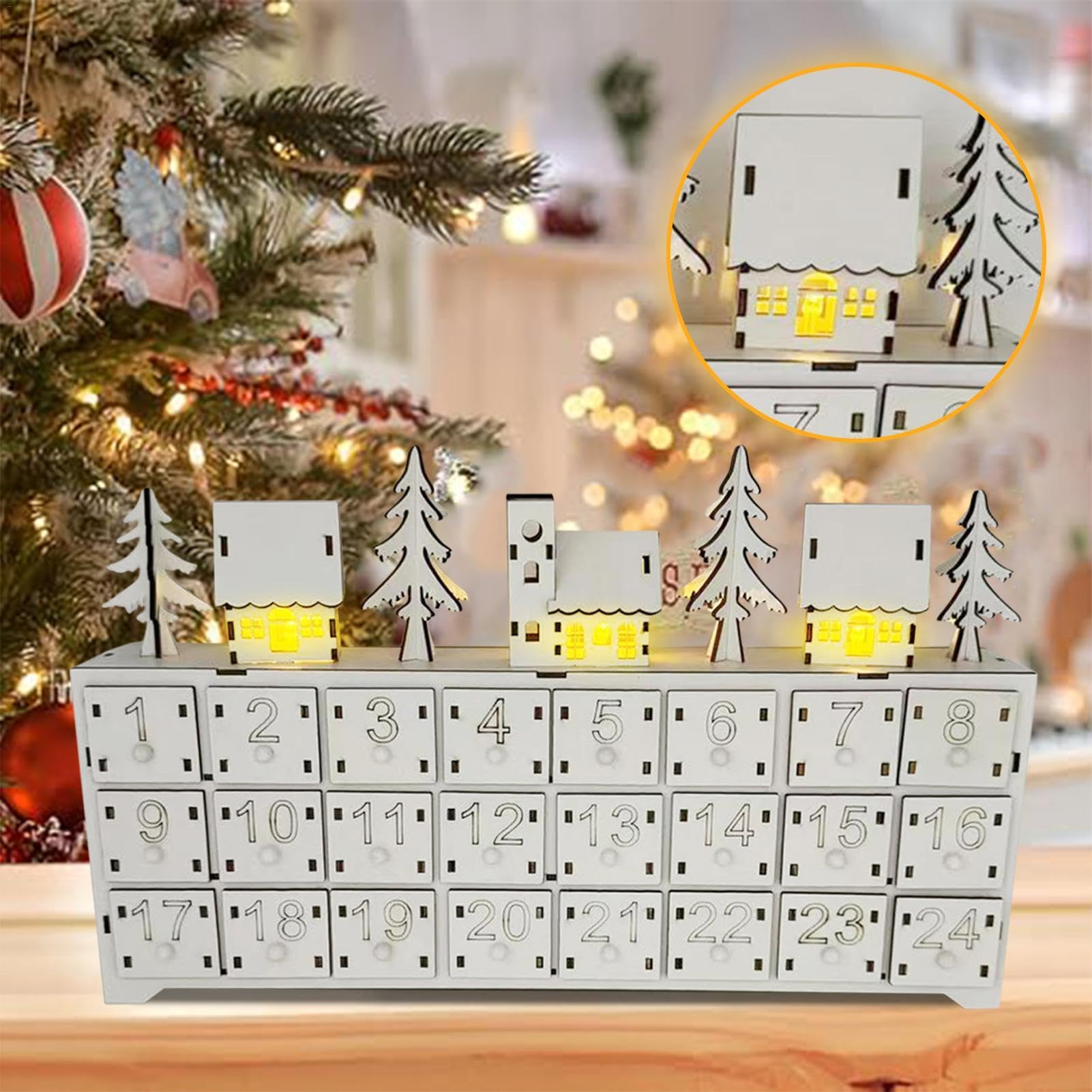 Calendarios de Adviento con Cajones Letreros Mesa 2024 Calendario Madera | Decoración Mesa Letreros Mesa Rústicos Madera LED Reutilizables Cuenta Atrás Adviento Decoración