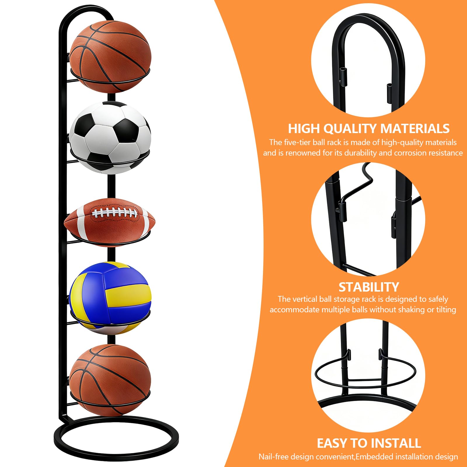 Support de balle en métal noir à 5 niveaux, support de balle debout, rangement de balles, cadre amovible, étagère de rangement pour ballons, convient pour les ballons de football, volley-ball