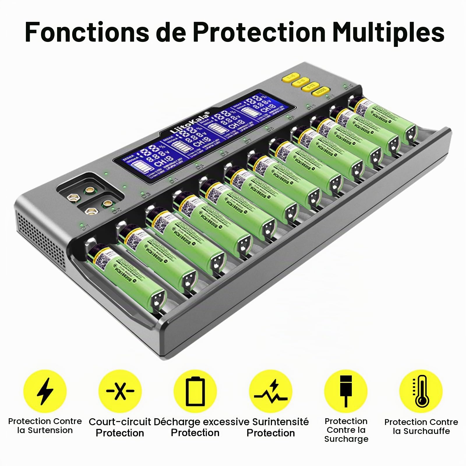 LiitoKala Lii-S12 18650 12 Bay Chargeur de Batterie Universel Rapide et Intelligent avec écran LCD,pour Li-ION(IMR/ICR) LiFePO4 Ni-MH/CD 18650 21700 26650 18350 14500 RCR123 9V Batteries AA AAA C