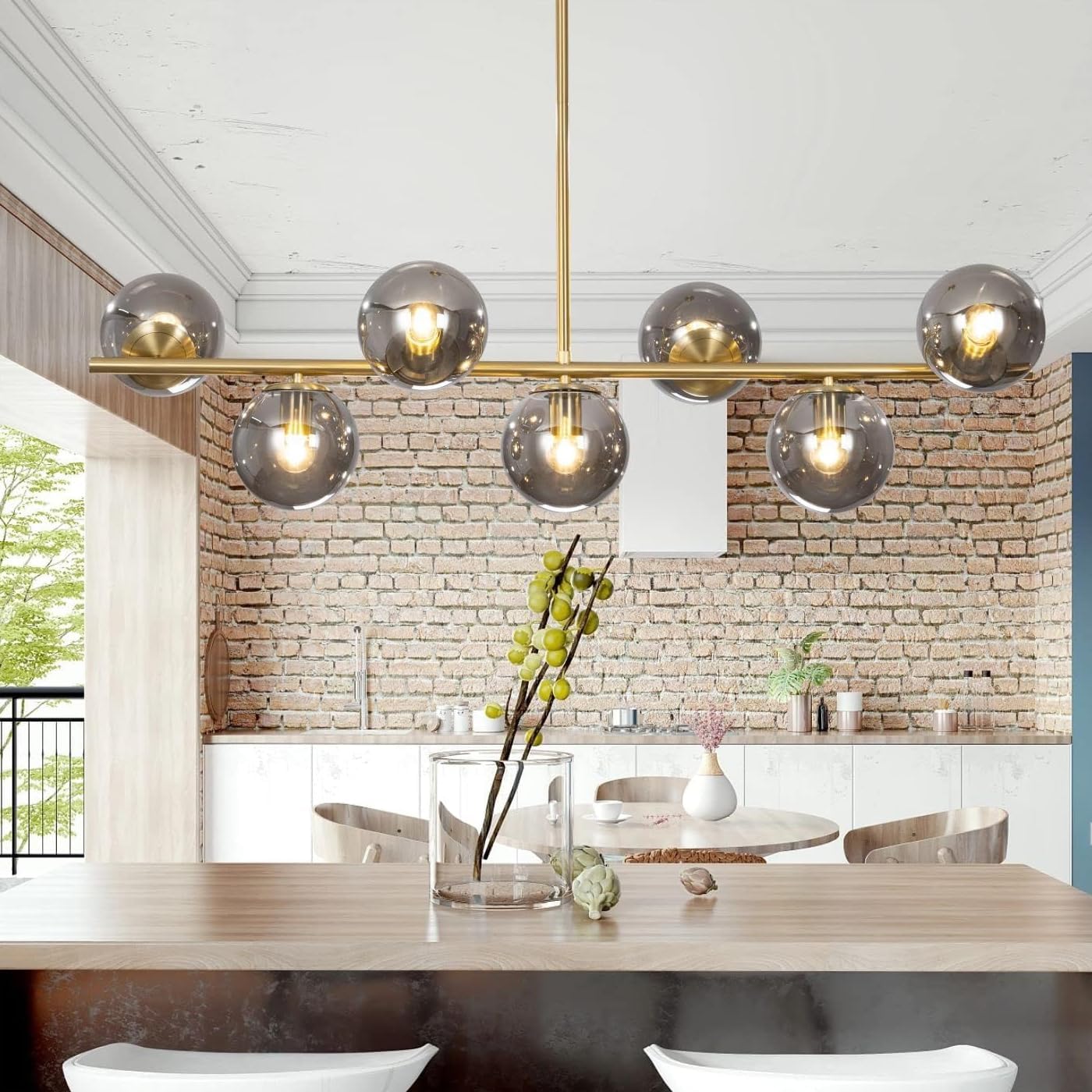 KCO Lighting Mid Century Modern Globe Sputnik Chandelier Gold Brass Linear Pendant Hanging Light Fixture 7-Light Smoke Glass Sphere Chandelier Kitchen Island Dining Room Chandelier