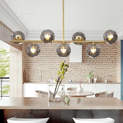 Miniatura 4 de KCO Lighting - Lámpara colgante de latón dorado de mediados de siglo con globo de cristal gris ahumado, 7 luces colgante para cocina, isla comedor,