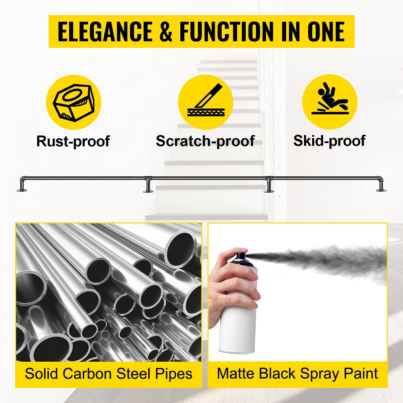 VEVOR Pasamanos Escalera 270 cm Pasamanos de Pared Acero al Carbono Acabado Mate Carga 200 kg Pasamanos Estilo Industrial Ø32 mm Pasamanos Montaje en Pared Kit Completo Negro para Interior y Exterior