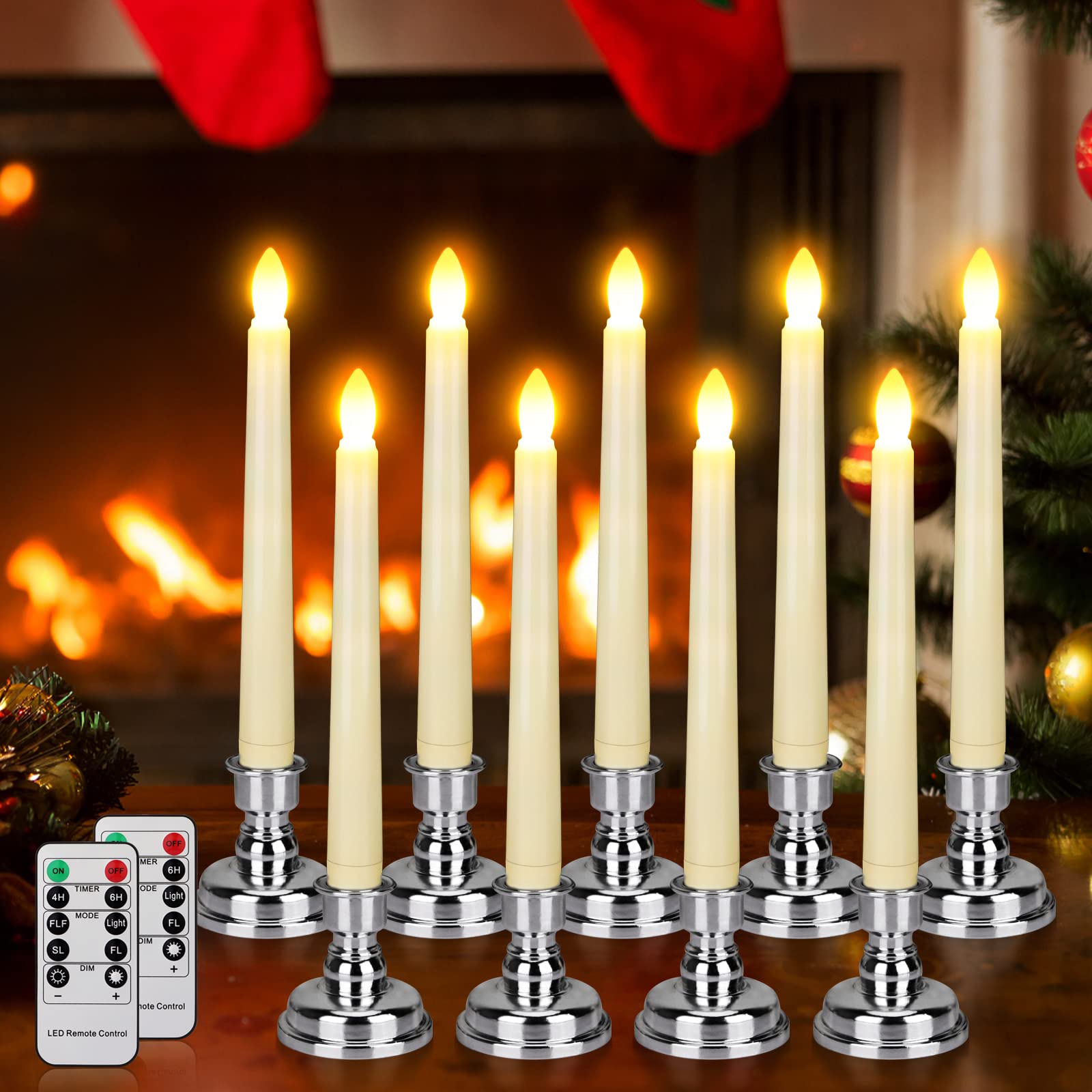 Daord LED Flameless Taper Candles with Remote & Timer Battery Operated Flickering Warm Light Christmas Window Candle for Wedding Party Holiday Table Decoration (9 Packs,Ivory+Sliver Holder(A))