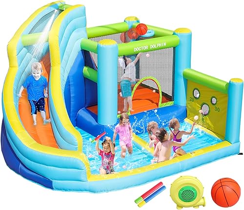 Doctor Dolphin Tobogán acuático inflable, casa de rebote de agua para niños, casa de rebote de tobogán acuático para patio trasero, casa inflable